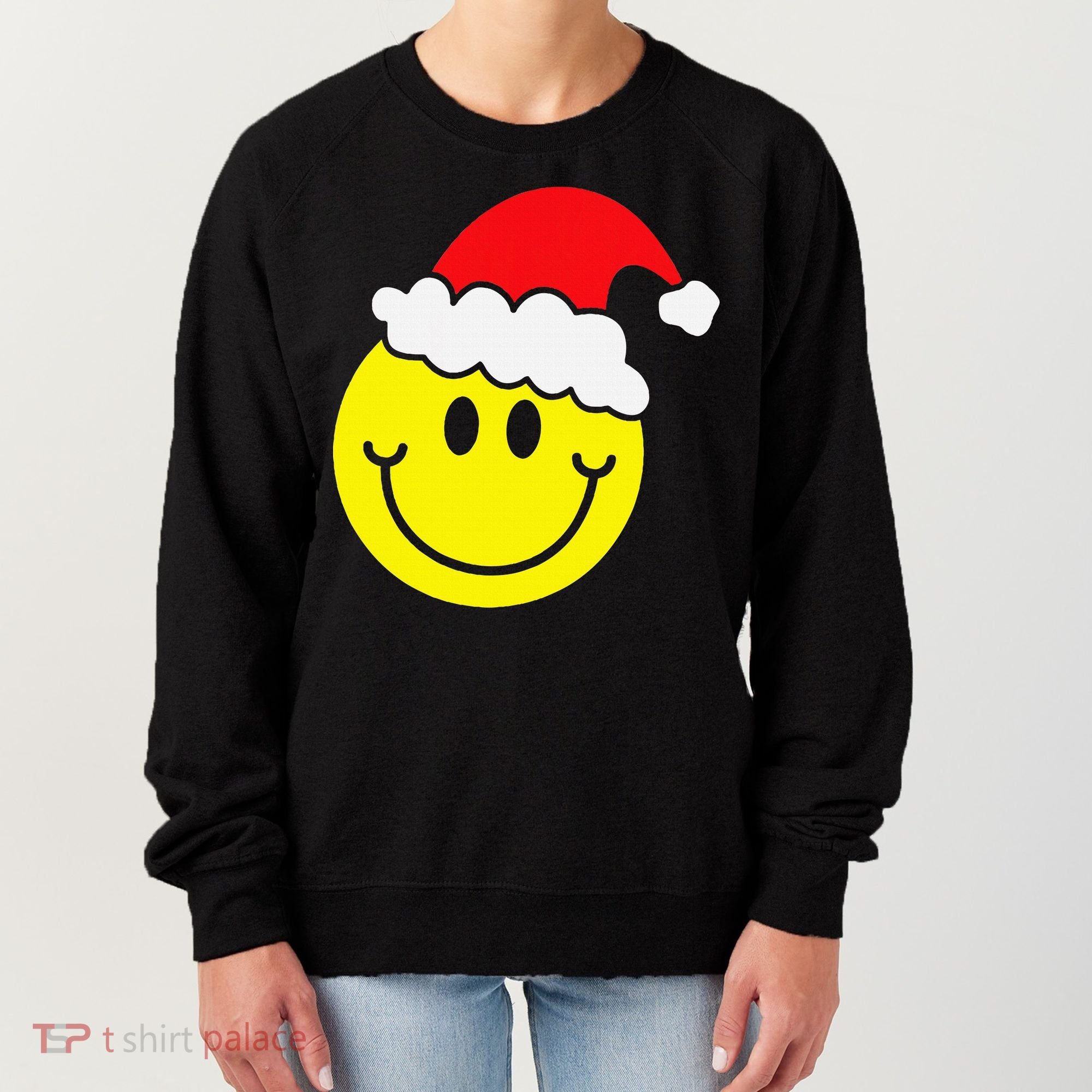 Yellow Smile Face Christmas Santa Hat Smiling Face Women's Sweatshirt