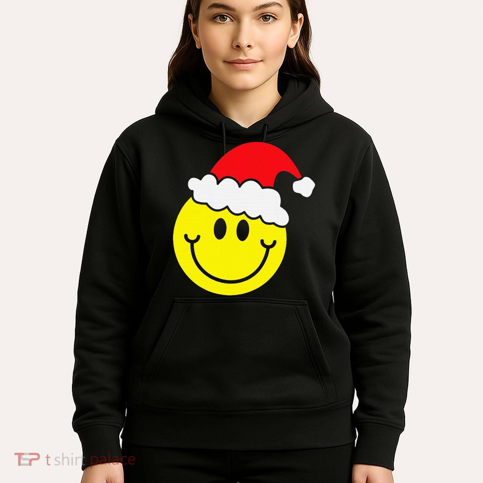 Yellow Smile Face Christmas Santa Hat Smiling Face Hoodie