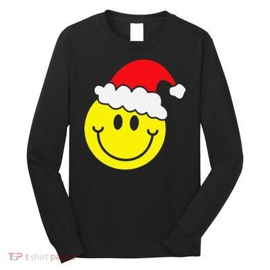 Yellow Smile Face Christmas Santa Hat Smiling Face Long Sleeve Shirt