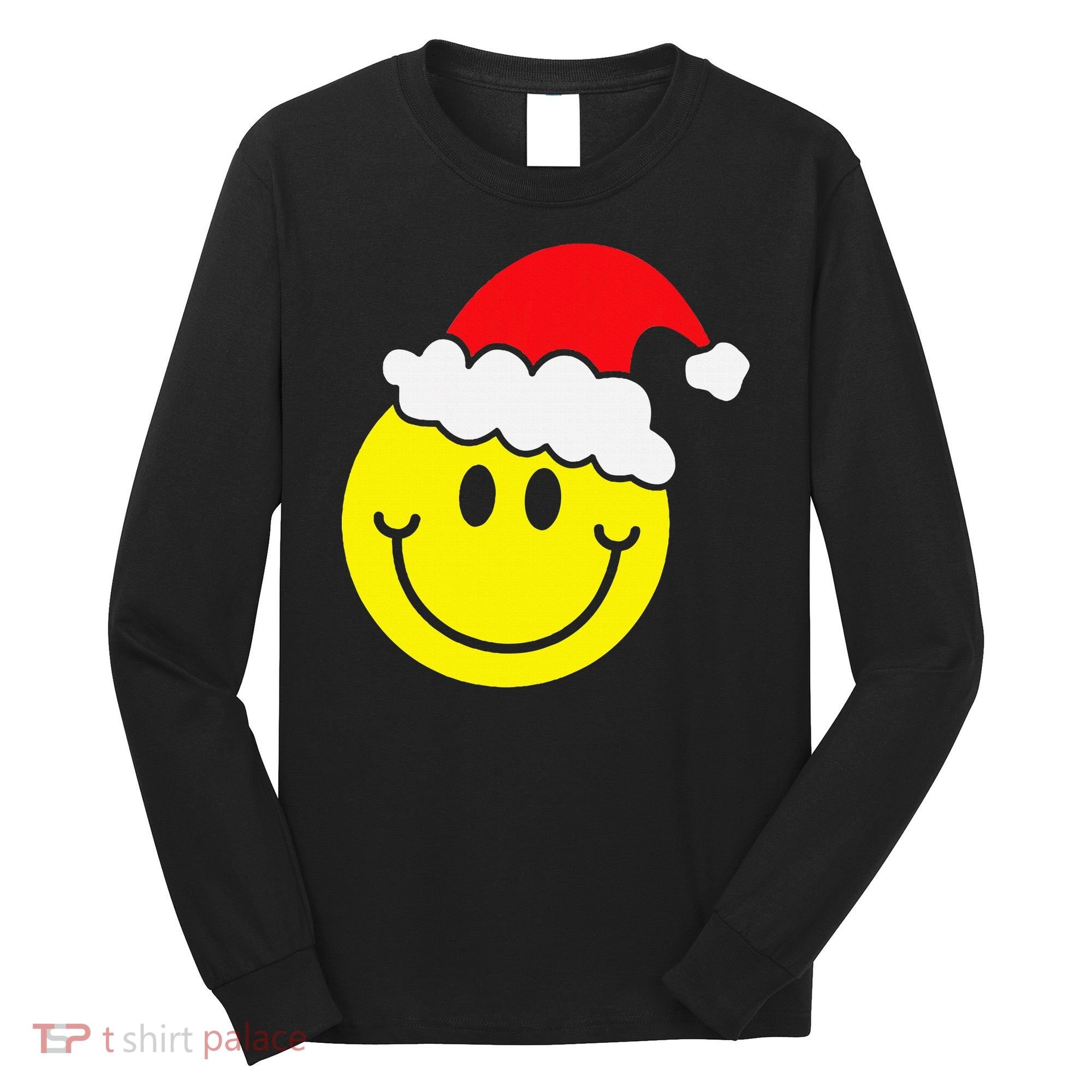 Yellow Smile Face Christmas Santa Hat Smiling Face Long Sleeve Shirt