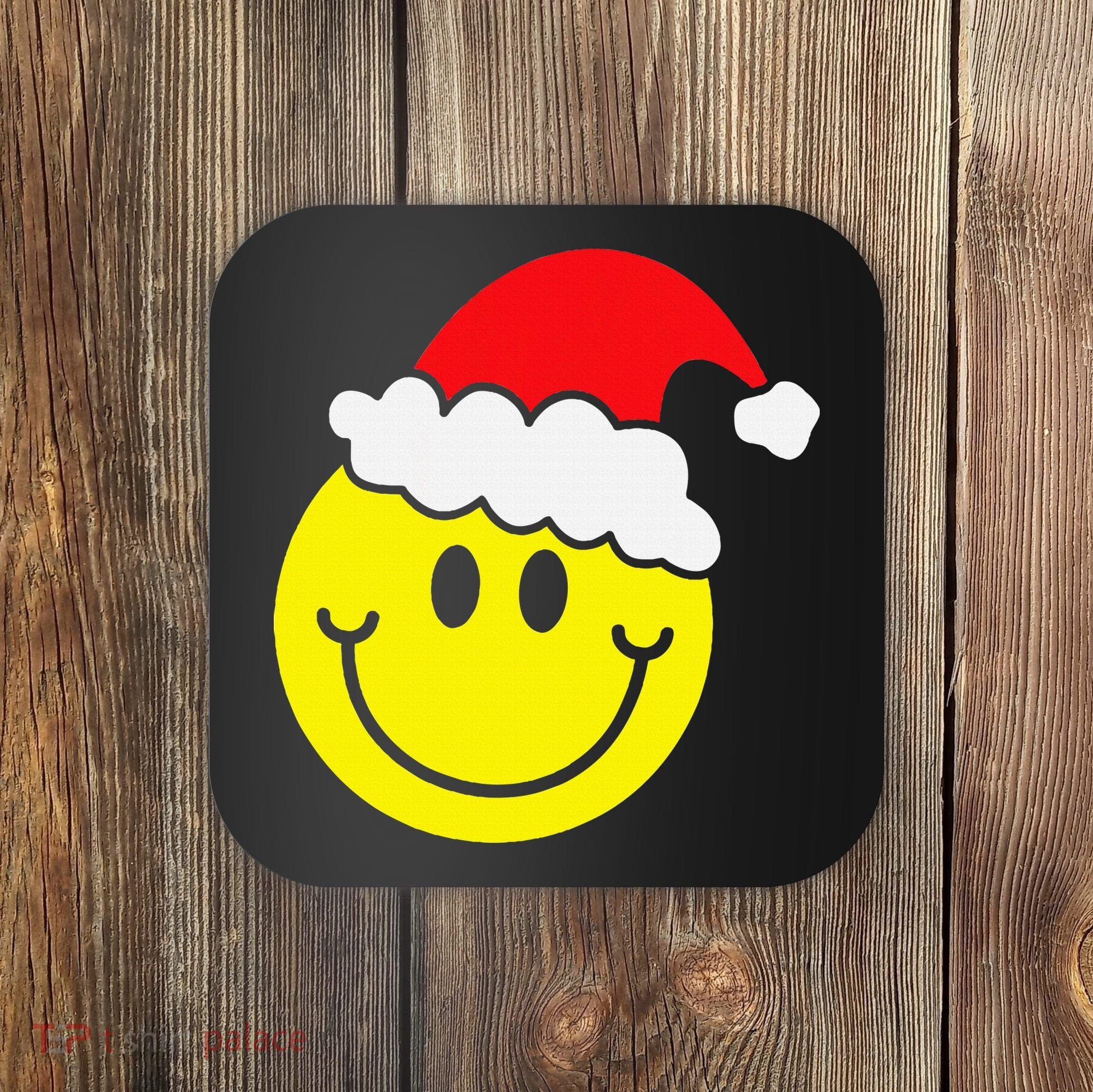 Yellow Smile Face Christmas Santa Hat Smiling Face Coaster