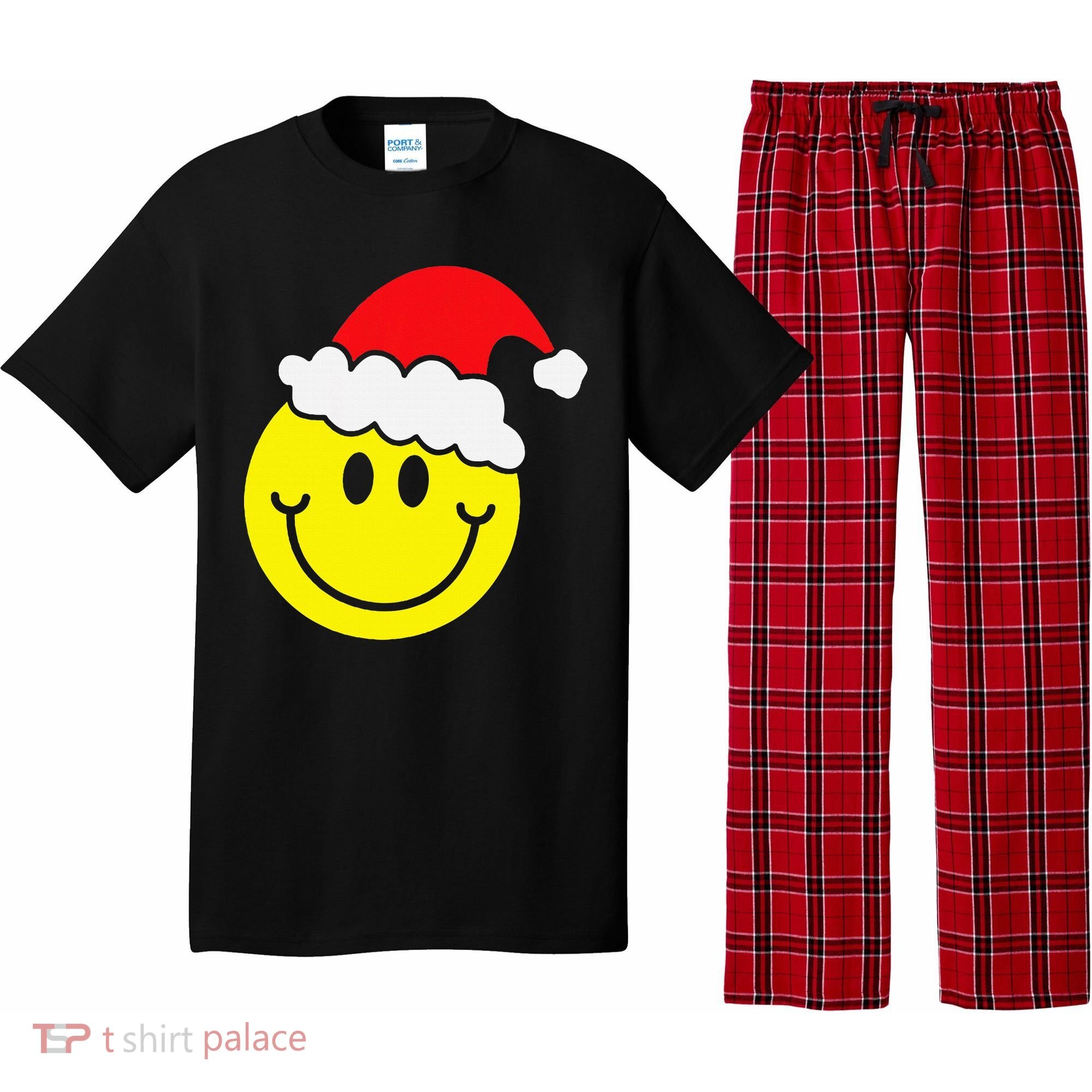 Yellow Smile Face Christmas Santa Hat Smiling Face Pajama Set