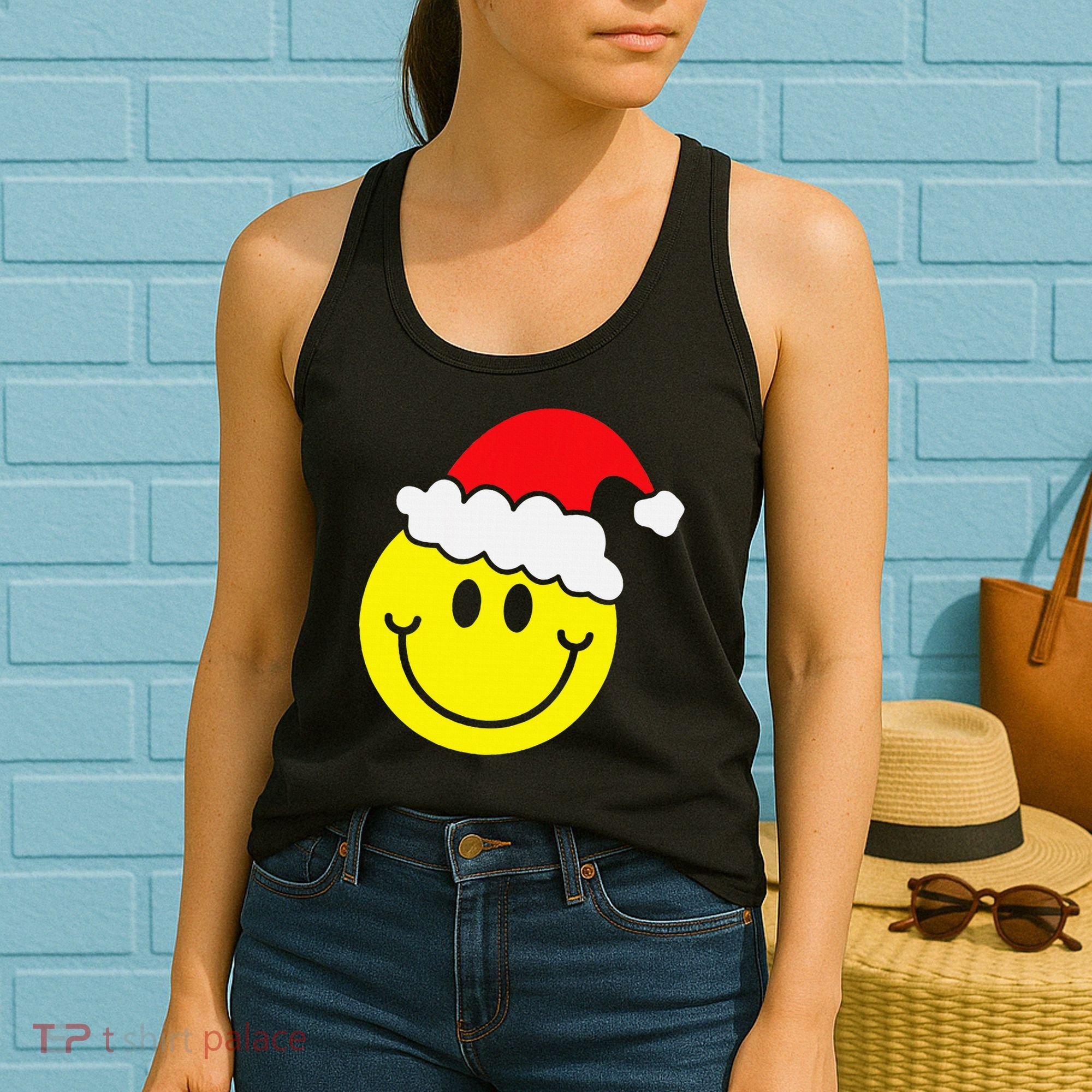 Yellow Smile Face Christmas Santa Hat Smiling Face Women's Tank Top