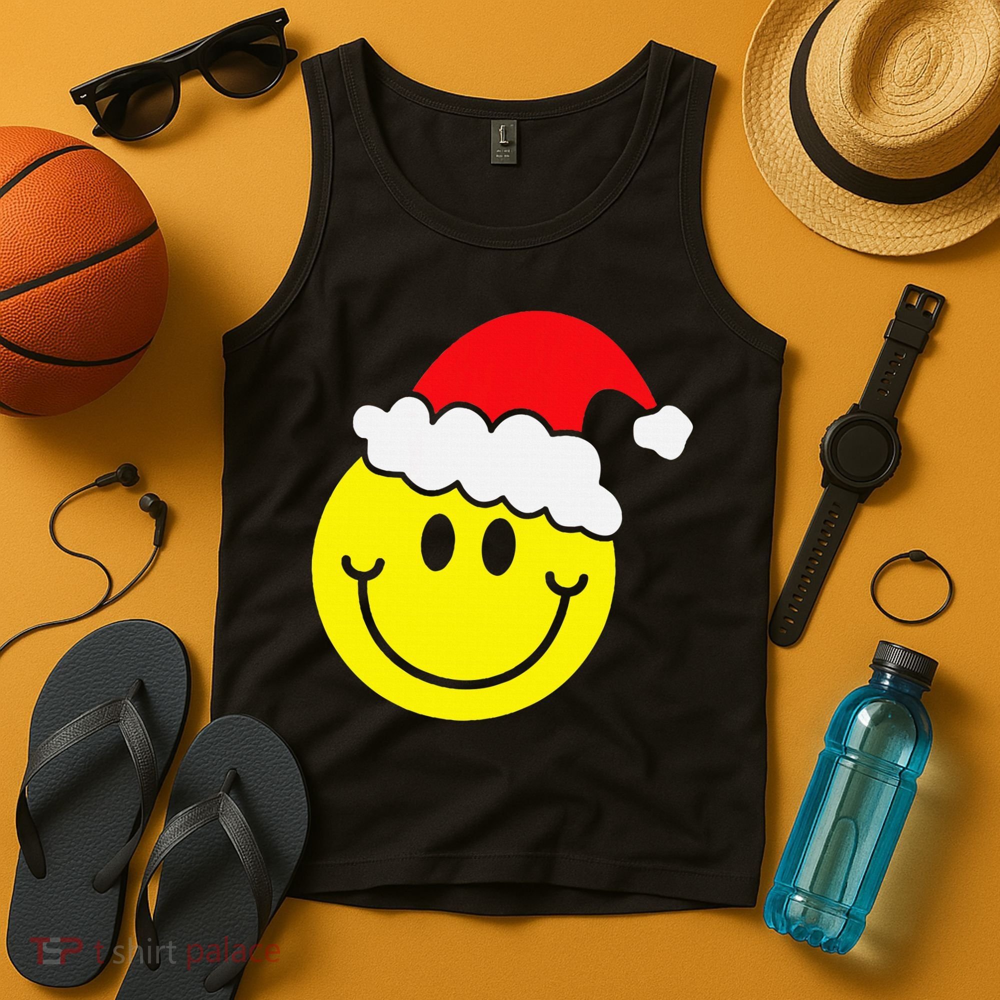 Yellow Smile Face Christmas Santa Hat Smiling Face Tank Top