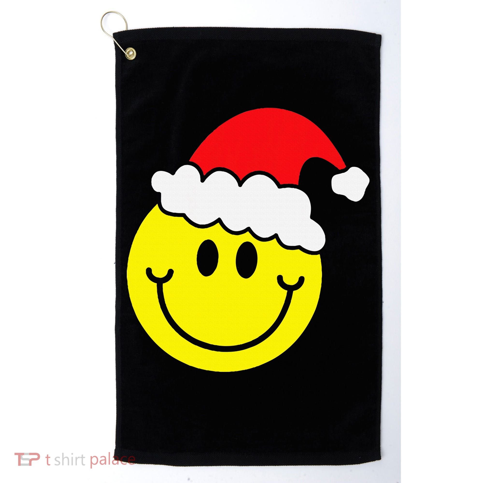Yellow Smile Face Christmas Santa Hat Smiling Face Golf Towel
