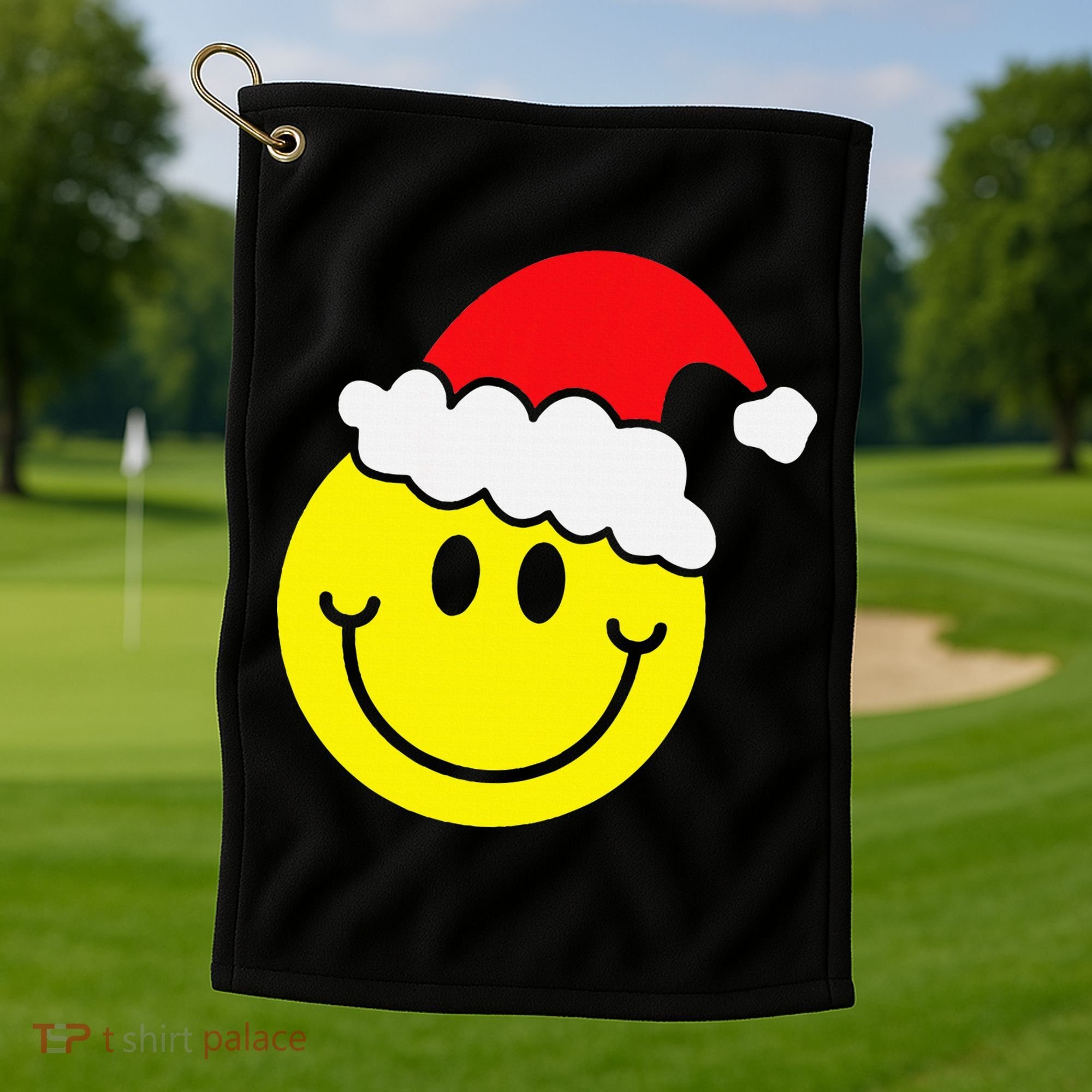 Yellow Smile Face Christmas Santa Hat Smiling Face Golf Towel