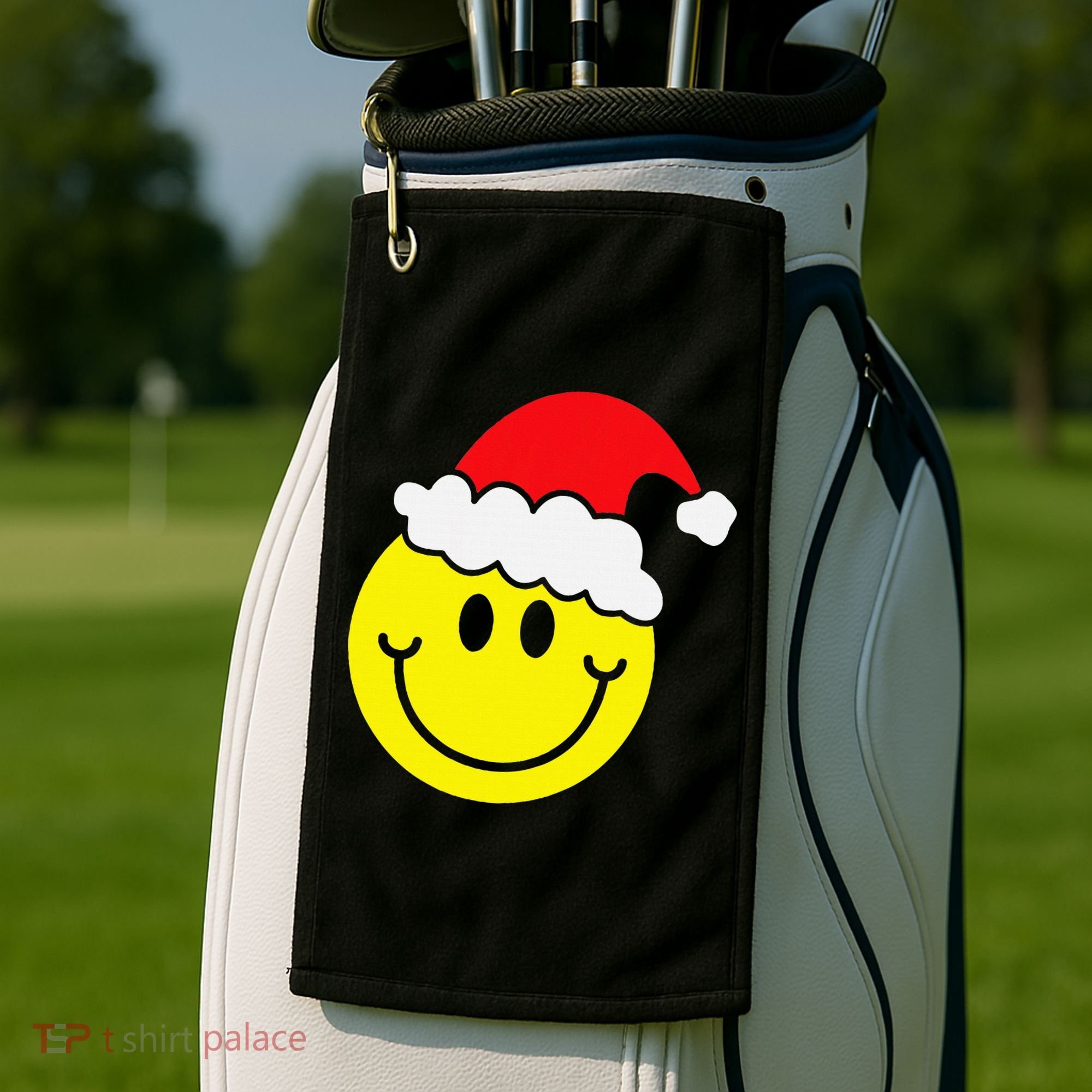 Yellow Smile Face Christmas Santa Hat Smiling Face Golf Towel