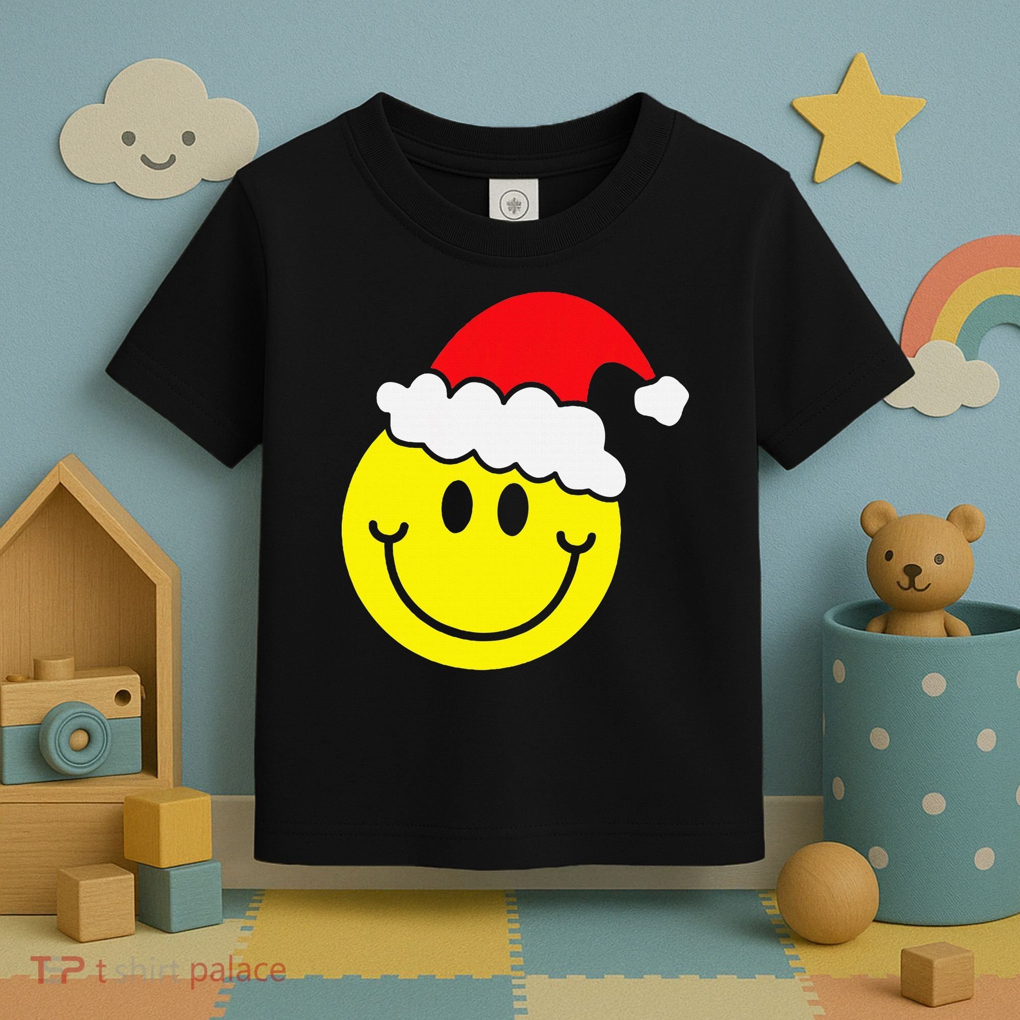 Yellow Smile Face Christmas Santa Hat Smiling Face Toddler T-Shirt