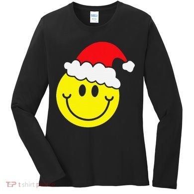 Yellow Smile Face Christmas Santa Hat Smiling Face Women's Long Sleeve Shirt
