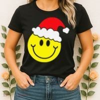 Yellow Smile Face Christmas Santa Hat Smiling Face Women's T-Shirt thumb 2