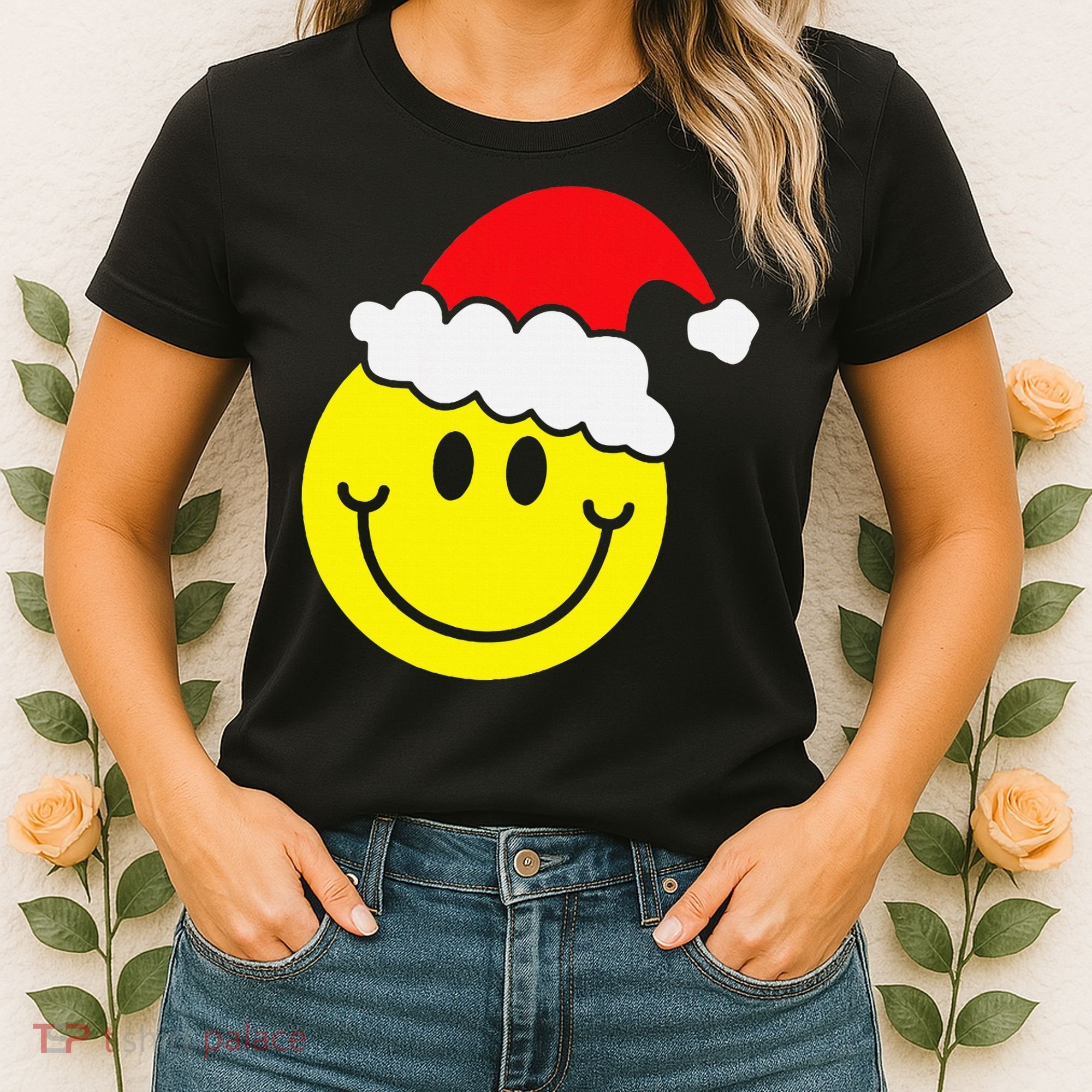 Yellow Smile Face Christmas Santa Hat Smiling Face Women's T-Shirt