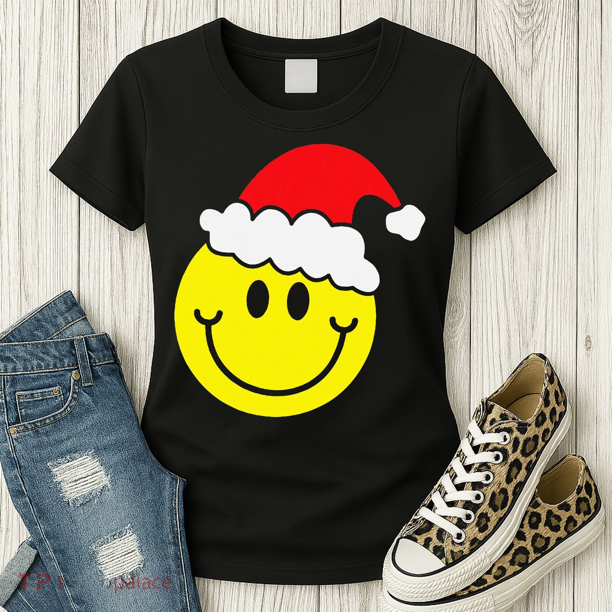 Yellow Smile Face Christmas Santa Hat Smiling Face Women's T-Shirt