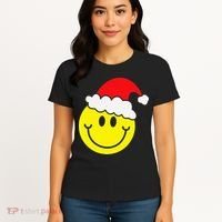 Yellow Smile Face Christmas Santa Hat Smiling Face Women's T-Shirt thumb 4