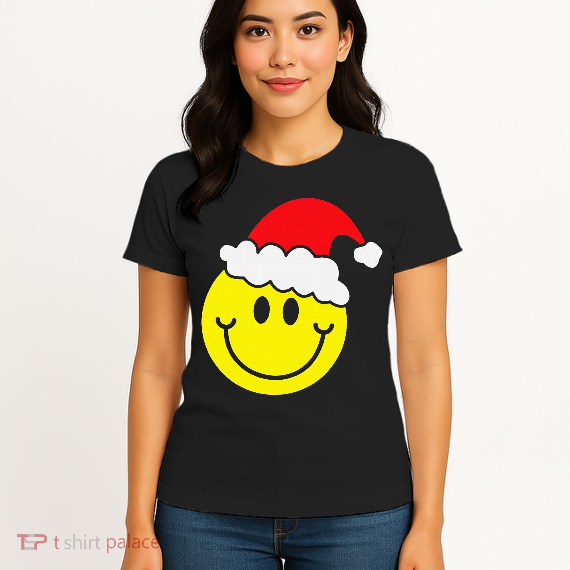 Yellow Smile Face Christmas Santa Hat Smiling Face Women's T-Shirt