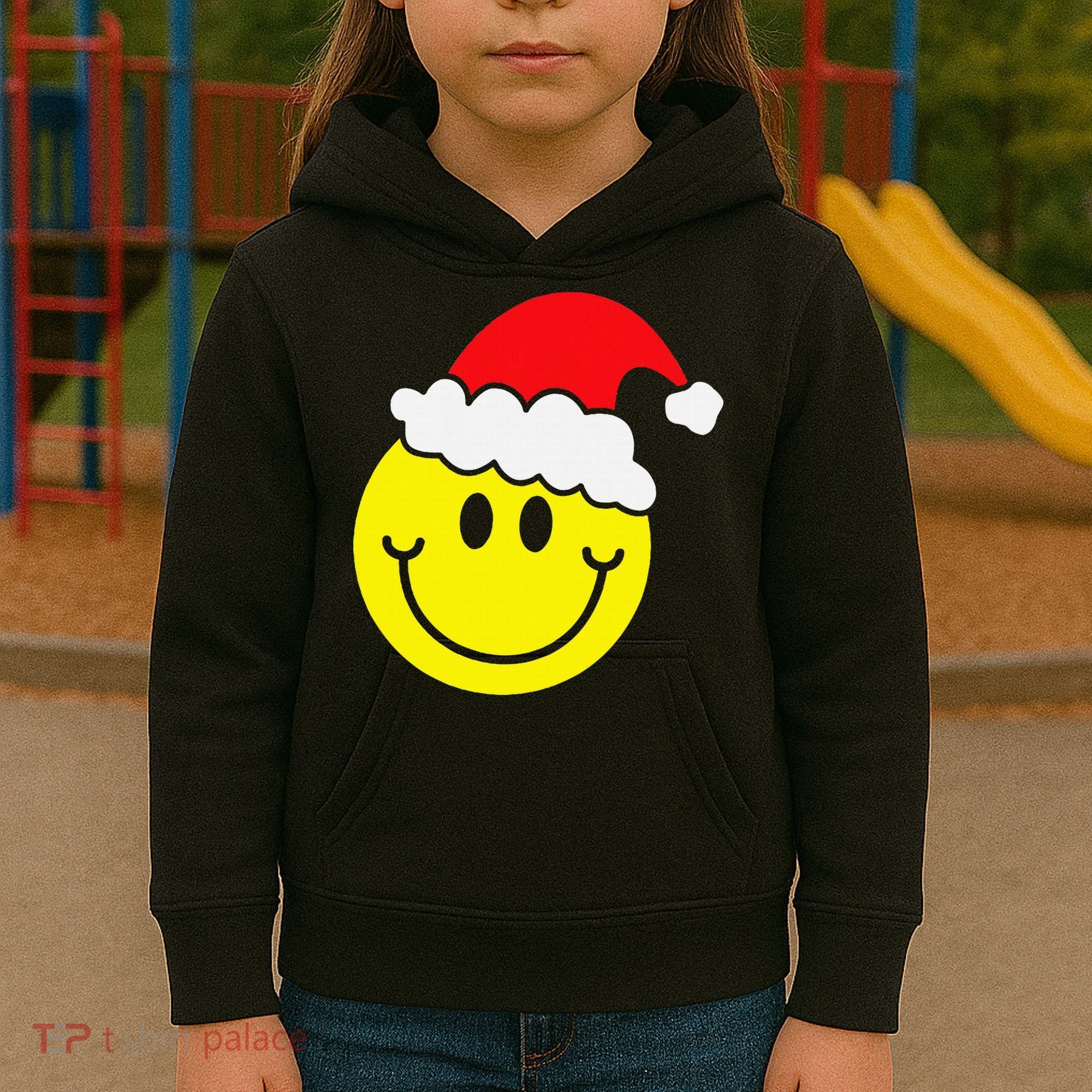 Yellow Smile Face Christmas Santa Hat Smiling Face Kids Hoodie
