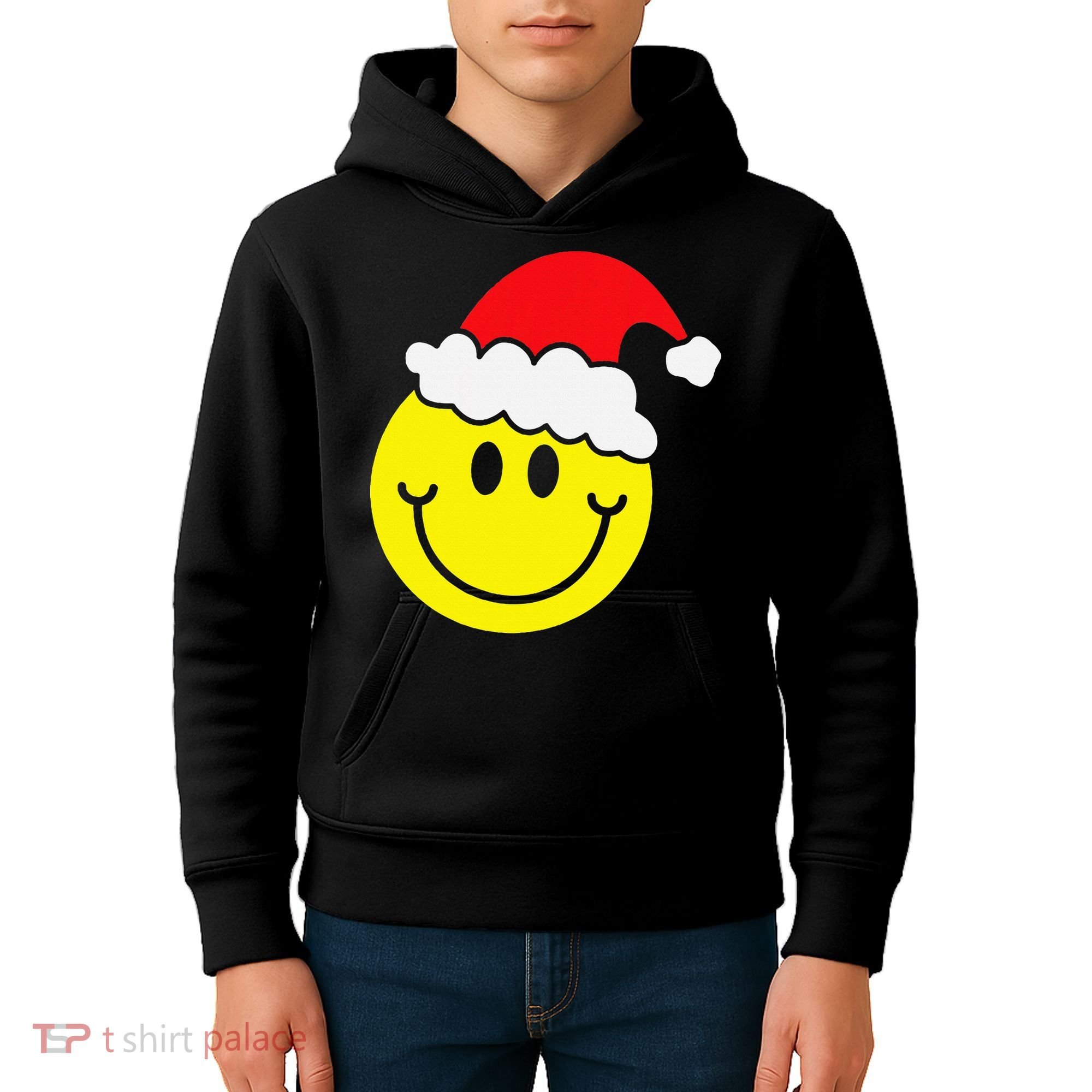 Yellow Smile Face Christmas Santa Hat Smiling Face Kids Hoodie