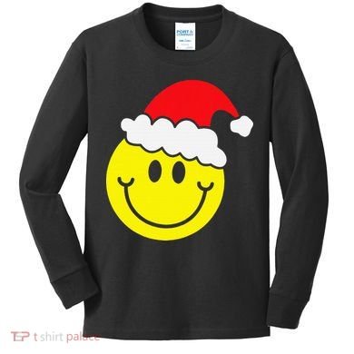 Yellow Smile Face Christmas Santa Hat Smiling Face Kids Long Sleeve Shirt