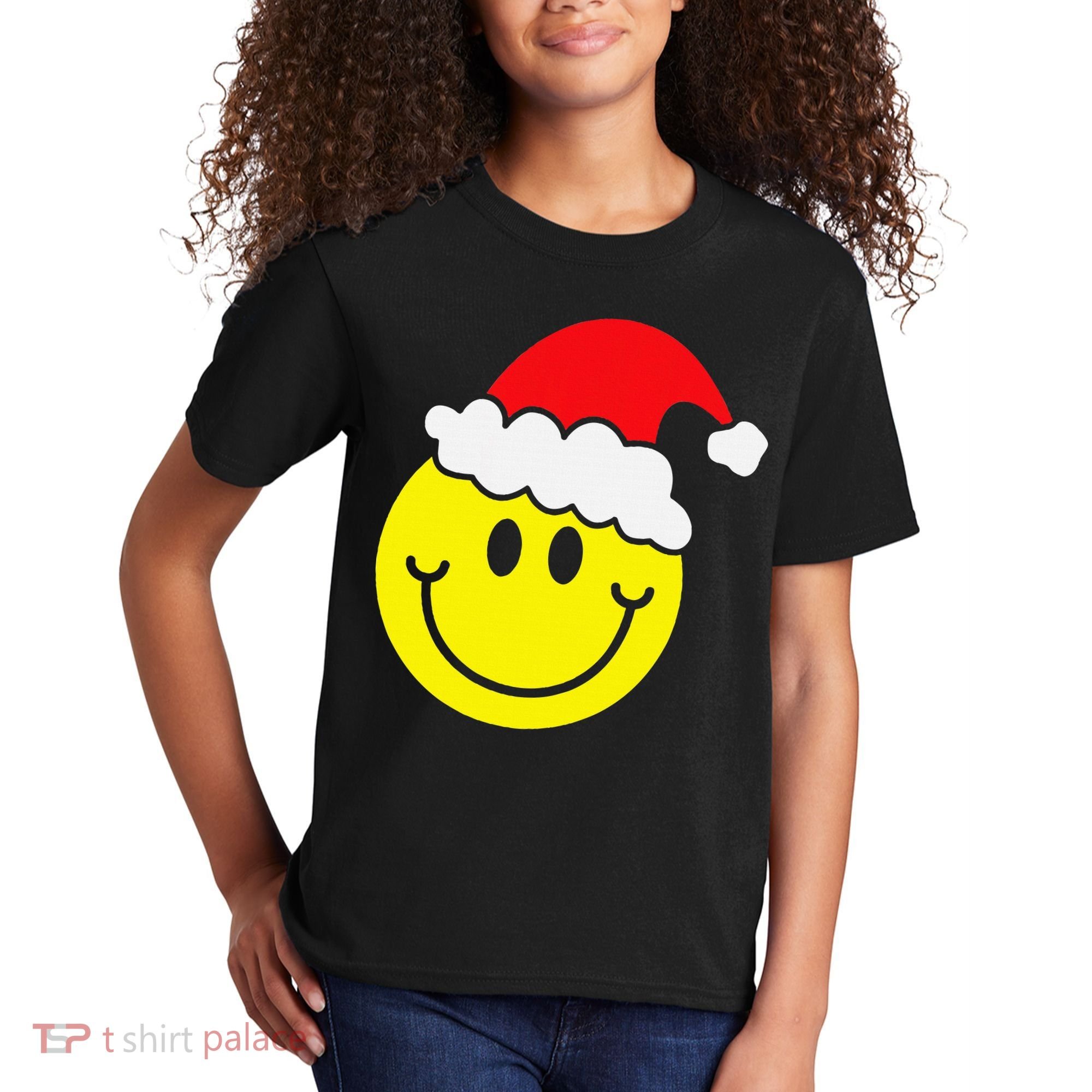 Yellow Smile Face Christmas Santa Hat Smiling Face Kids T-Shirt