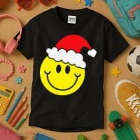 Yellow Smile Face Christmas Santa Hat Smiling Face Kids T-Shirt thumb 3