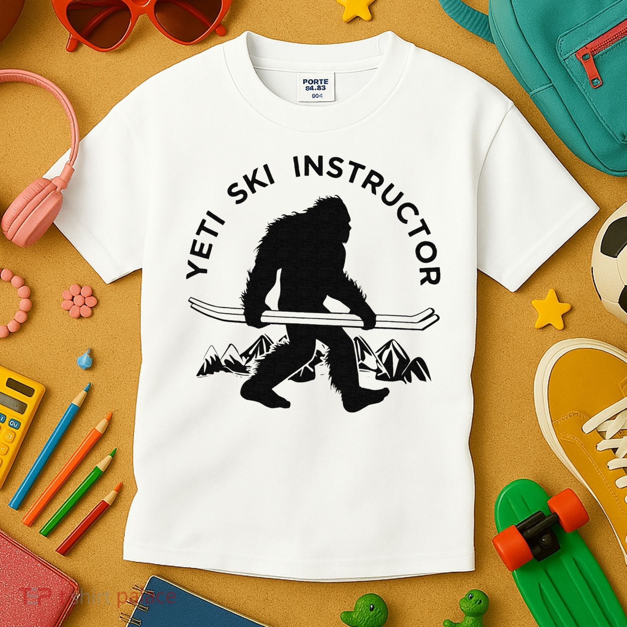 Yeti Ski Instructor Mountain Ape Snowman Skiin Kids T-Shirt