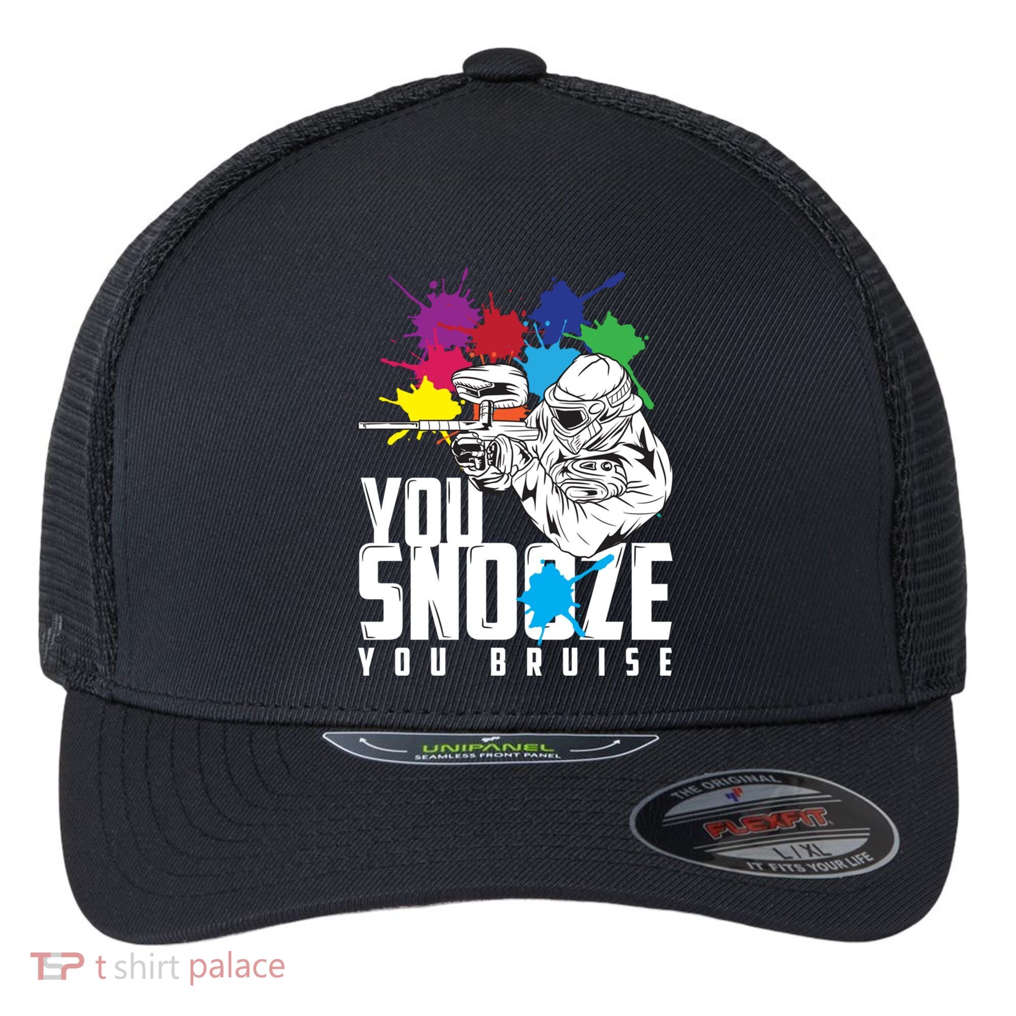 You Snooze You Bruise Funny Paintball Gift Flexfit Unipanel Trucker Cap