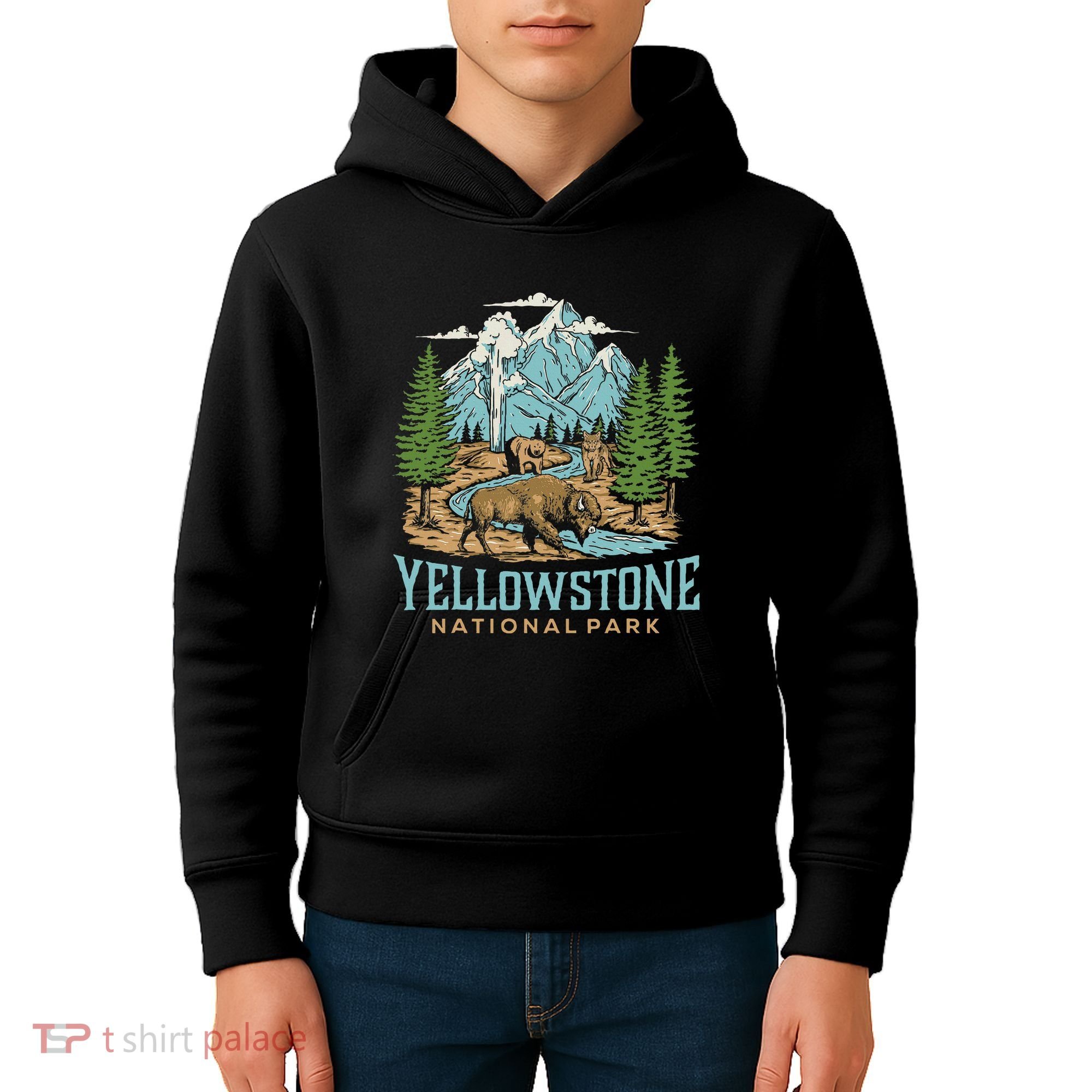 Yellowstone Us National Park Wolf Bison Bear Kids Hoodie