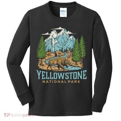 Yellowstone Us National Park Wolf Bison Bear Vintage Kids Long Sleeve Shirt