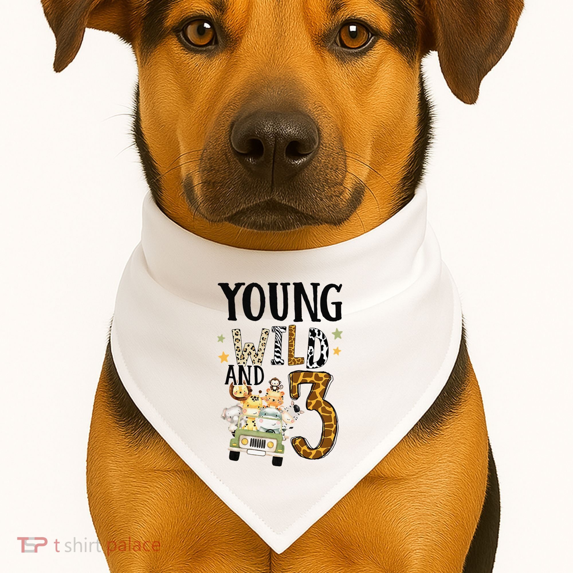 Young Wild & 3 Safari Wild Child 3rd Birthday Third Bday USA-Made Doggie Bandana