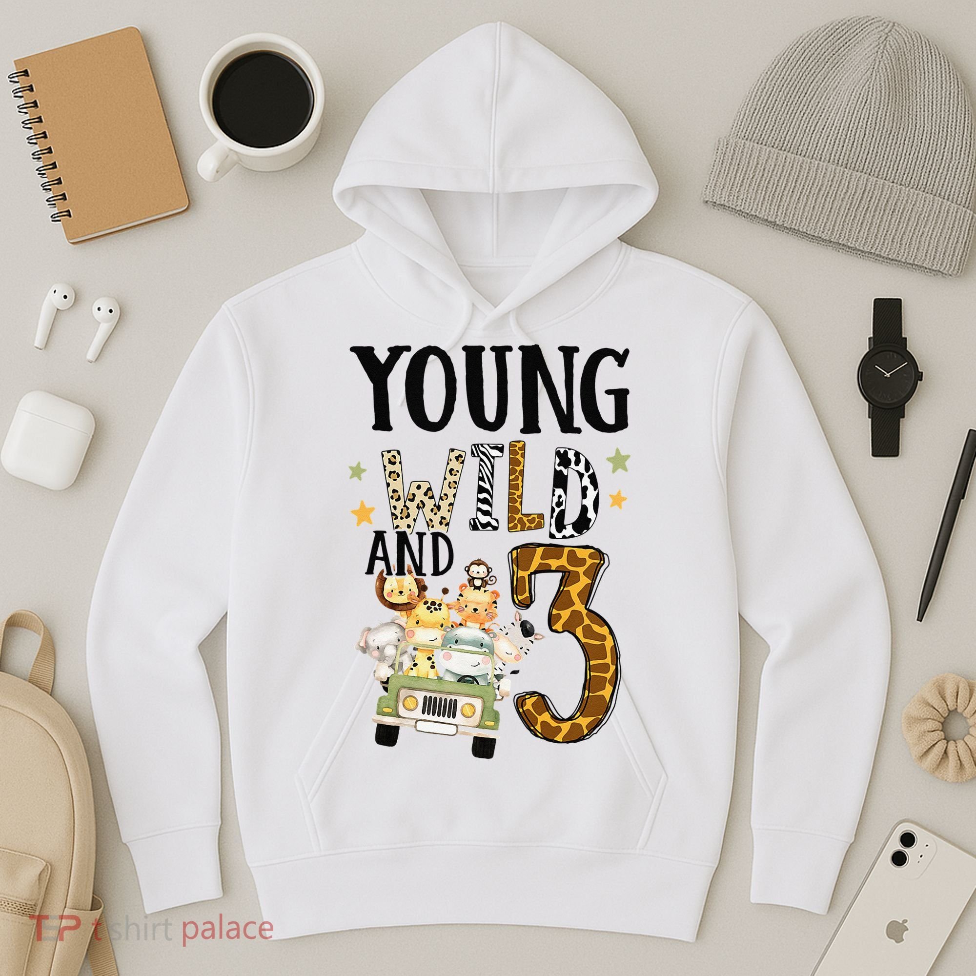Young Wild & 3 Safari Wild Child 3rd Birthday Third Bday Hoodie