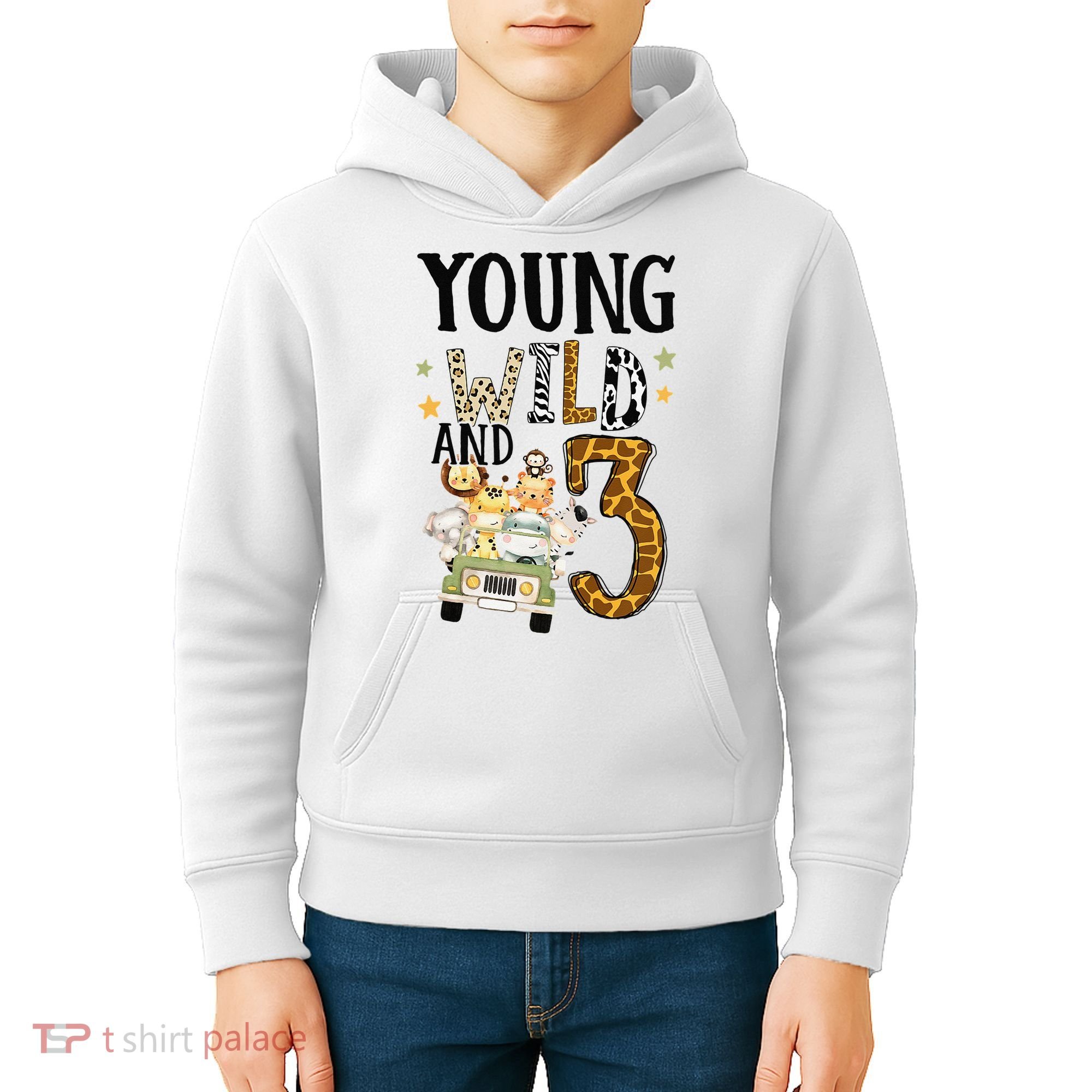 Young Wild & 3 Safari Wild Child 3rd Birthday Third Bday Kids Hoodie