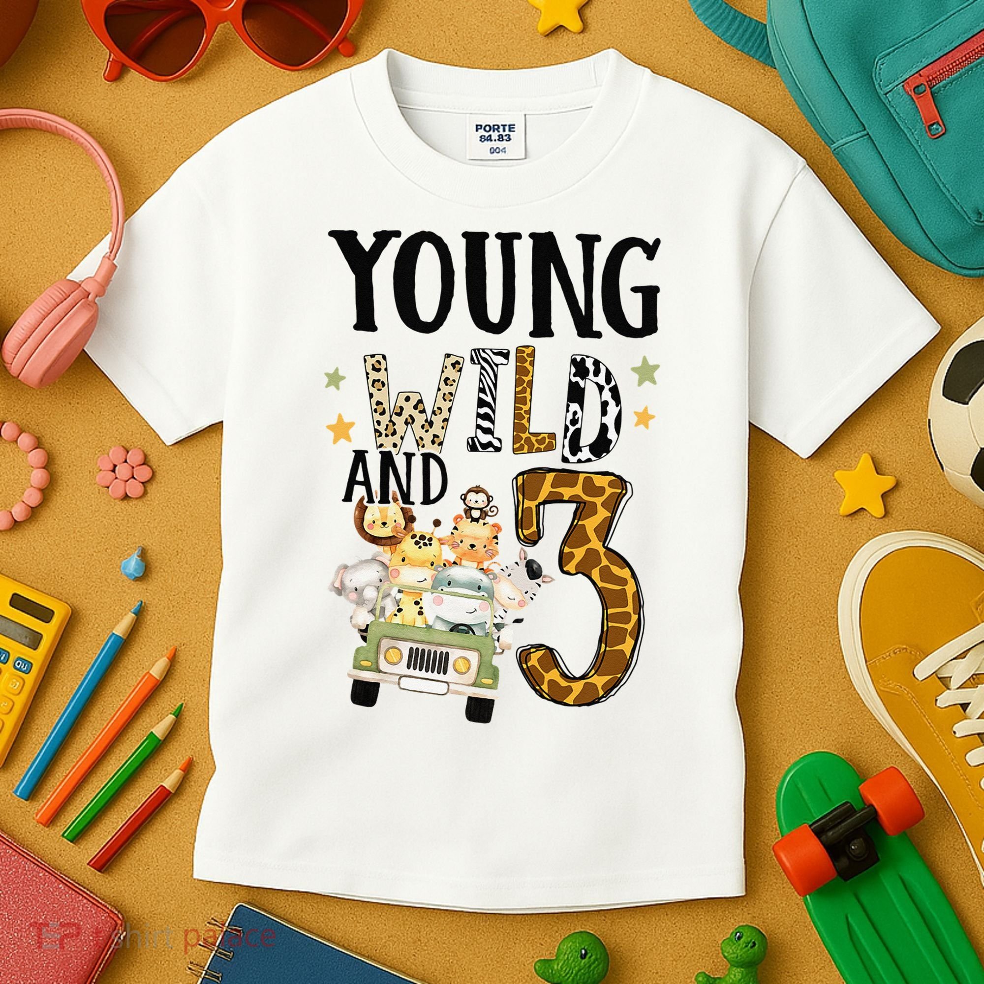 Young Wild & 3 Safari Wild Child 3rd Birthday Third Bday Kids T-Shirt