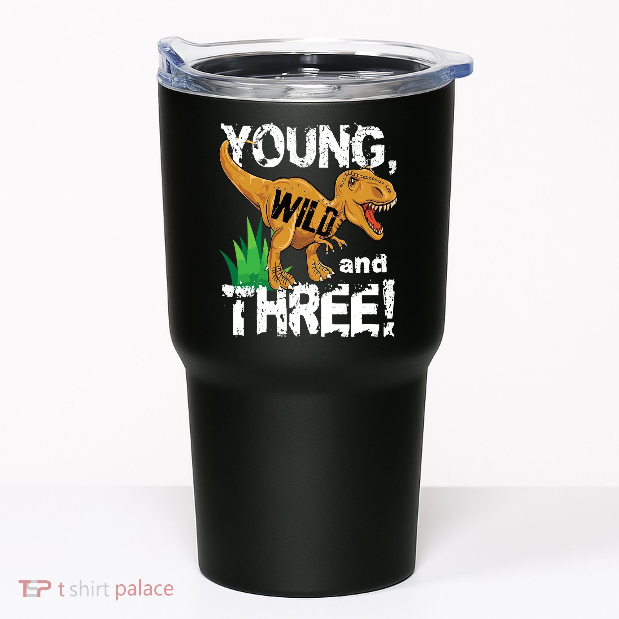 Young Wild And Three (3) Dinosaur Trex Birthday Boy Tumbler
