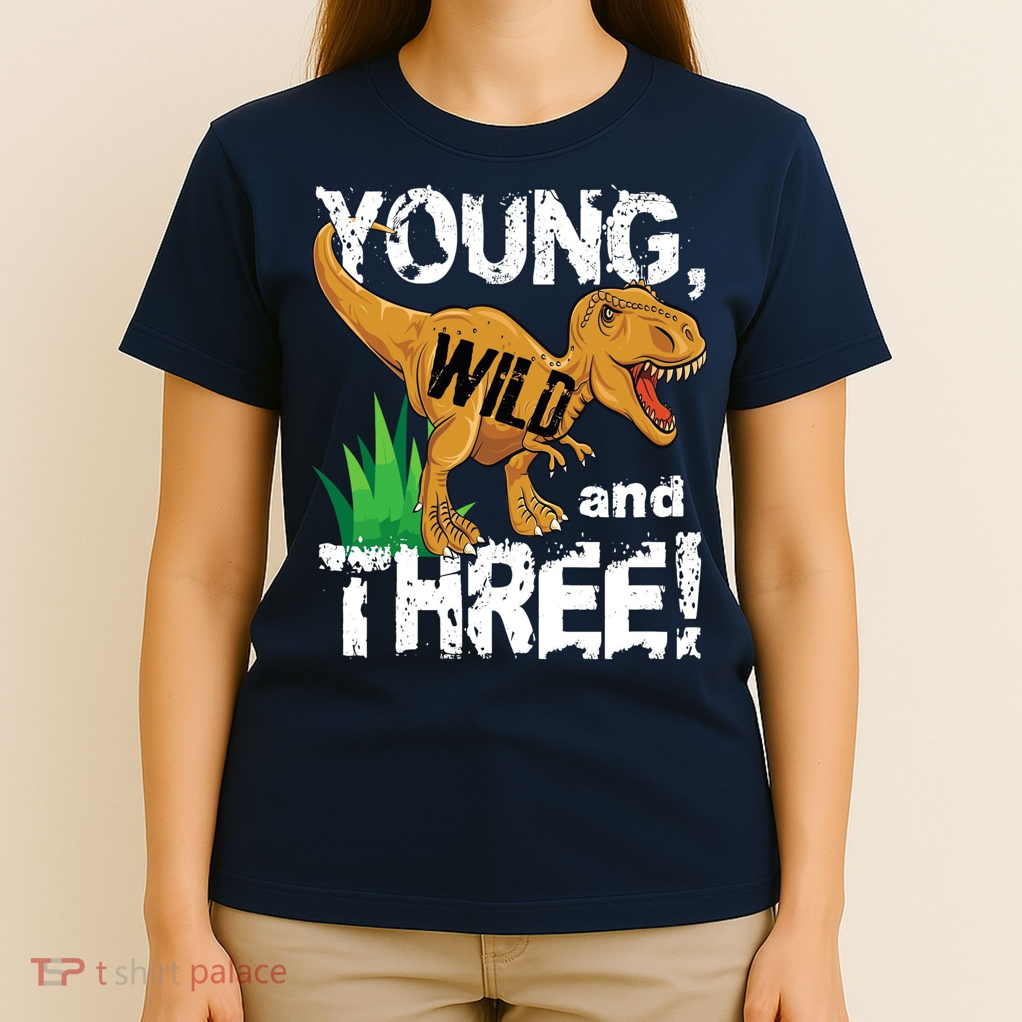 Young Wild And Three (3) Dinosaur Trex Birthday Boy T-Shirt