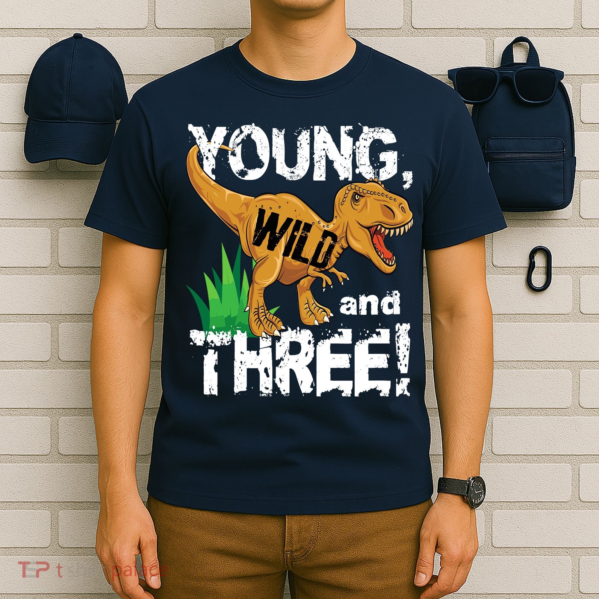 Young Wild And Three (3) Dinosaur Trex Birthday Boy T-Shirt