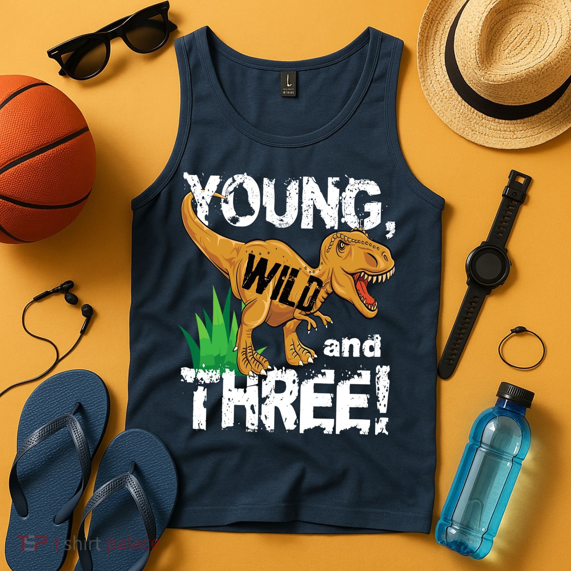 Young Wild And Three (3) Dinosaur Trex Birthday Boy Tank Top