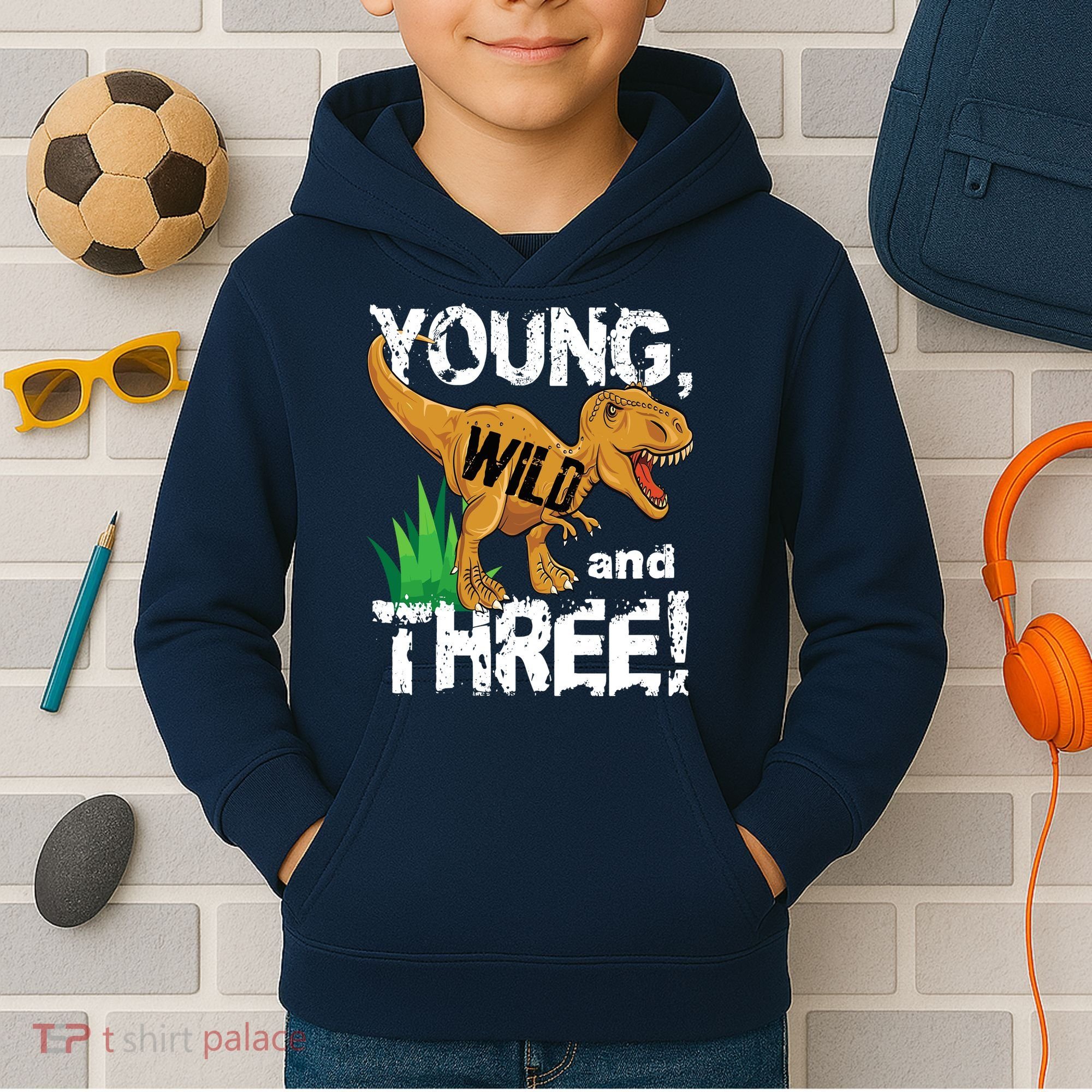 Young Wild And Three (3) Dinosaur Trex Birthday Boy Kids Hoodie