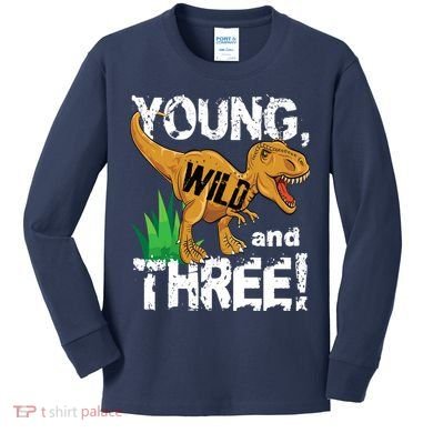Young Wild And Three (3) Dinosaur Trex Birthday Boy Kids Long Sleeve Shirt
