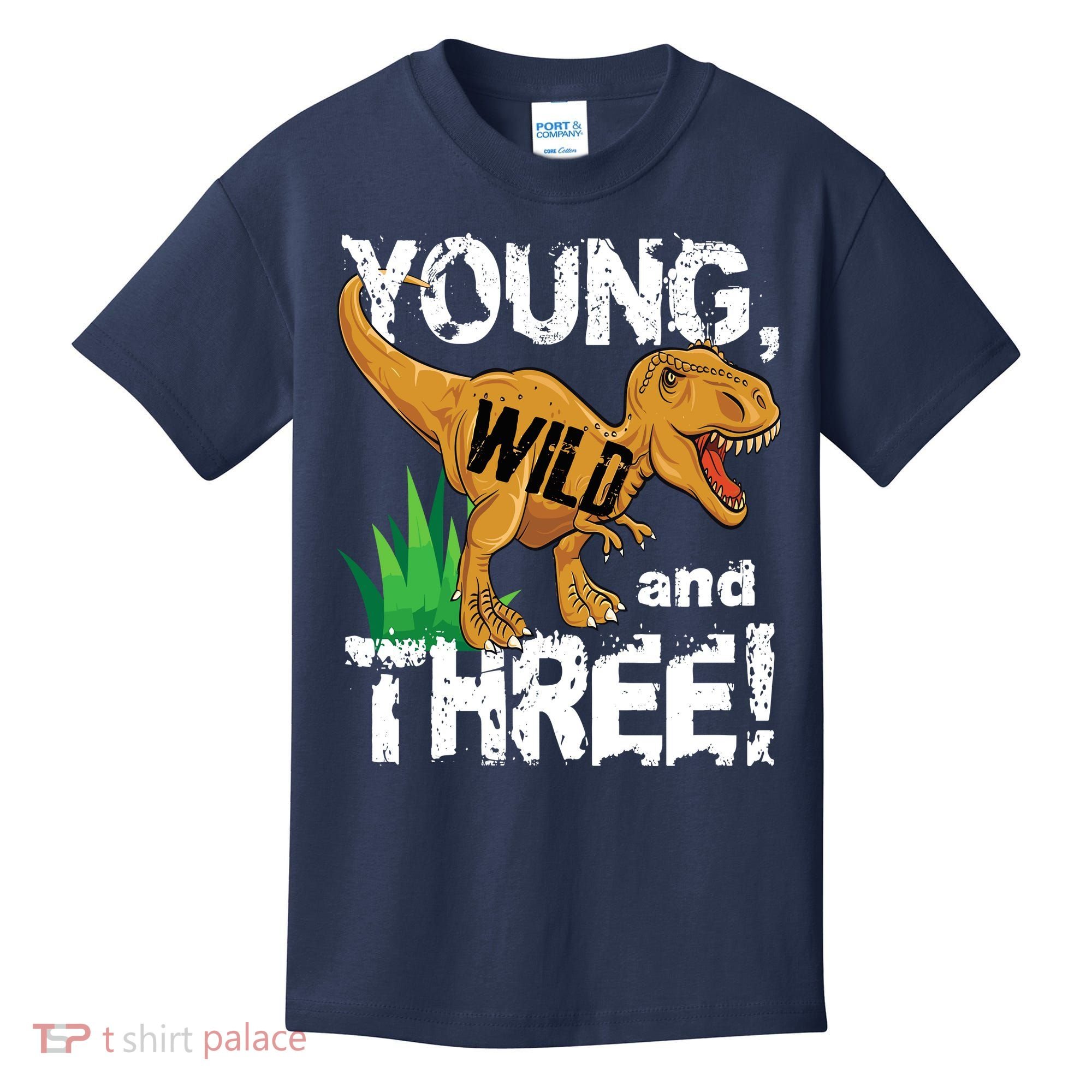 Young Wild And Three (3) Dinosaur Trex Birthday Boy Kids T-Shirt
