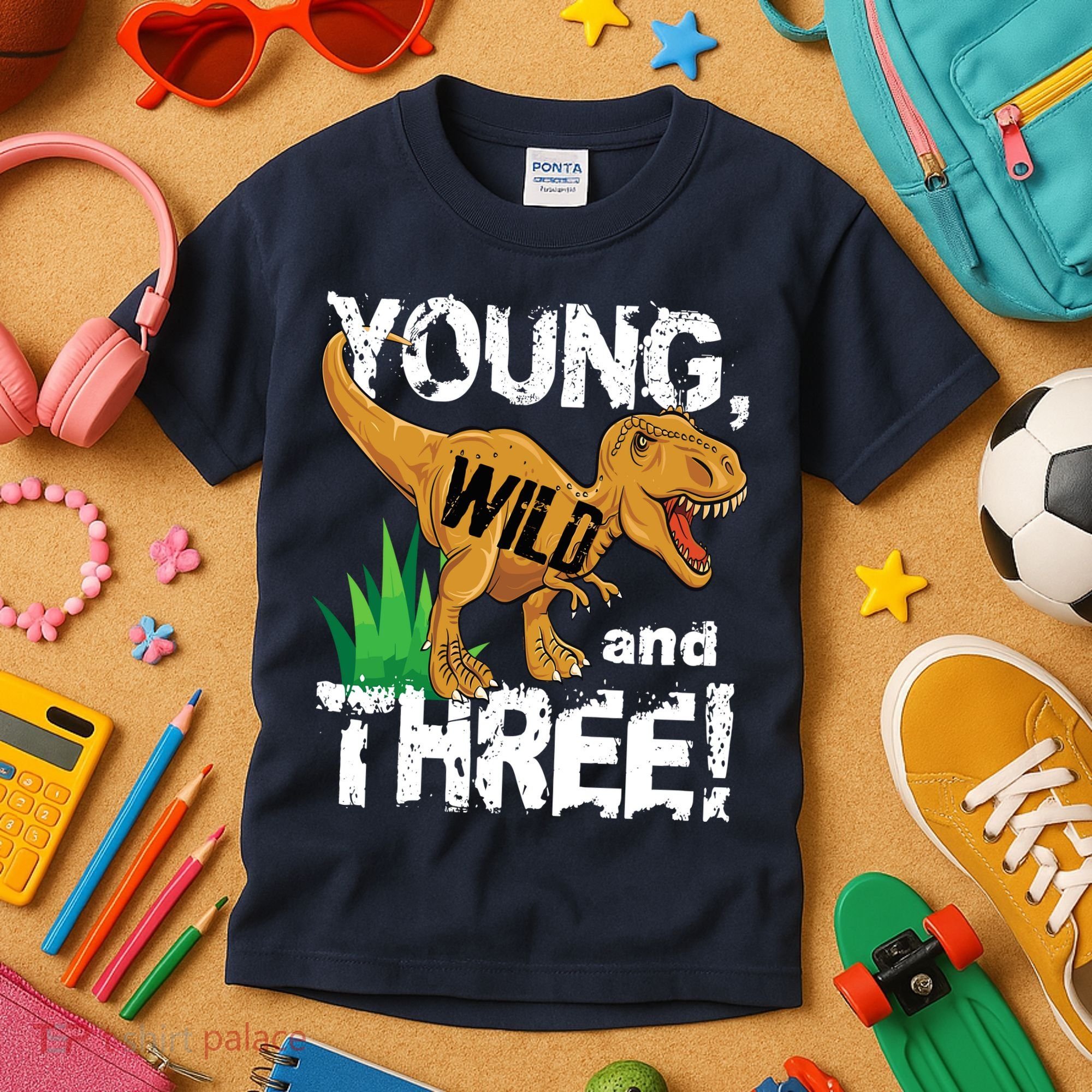 Young Wild And Three (3) Dinosaur Trex Birthday Boy Kids T-Shirt