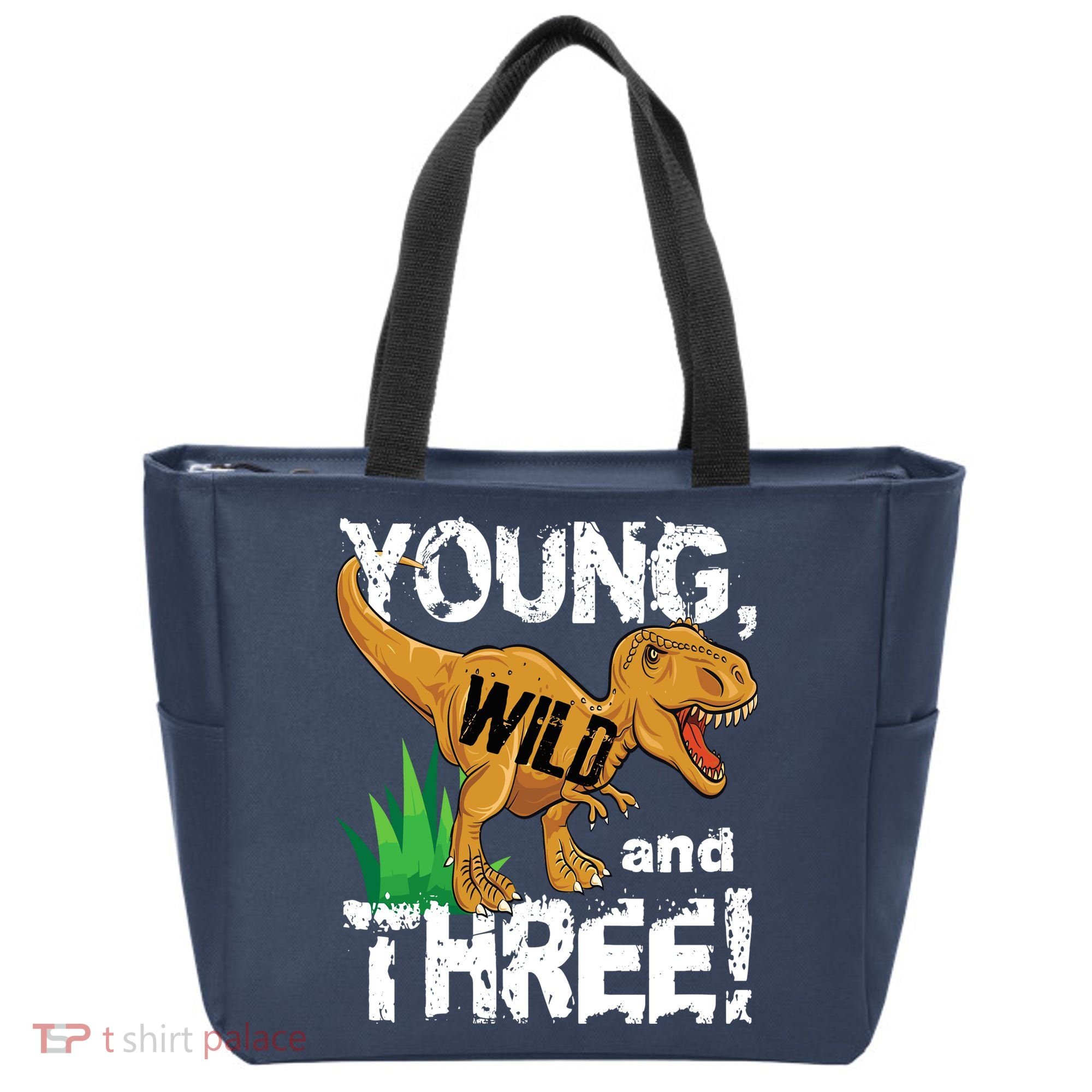 Young Wild And Three (3) Dinosaur Trex Birthday Boy Tote Bag
