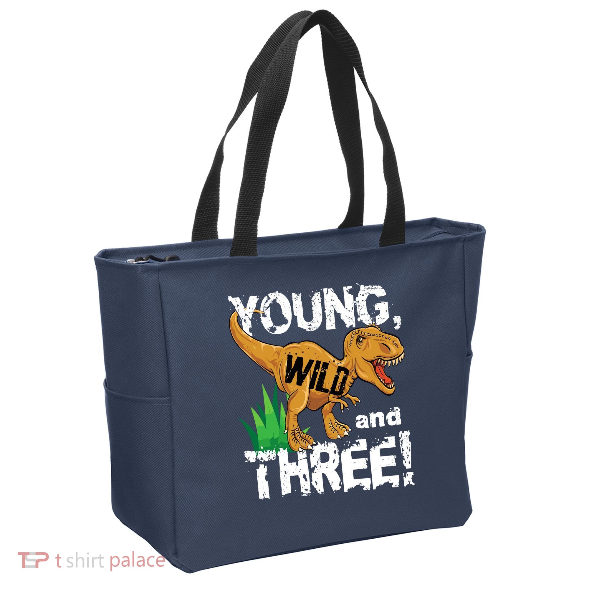 Young Wild And Three (3) Dinosaur Trex Birthday Boy Tote Bag