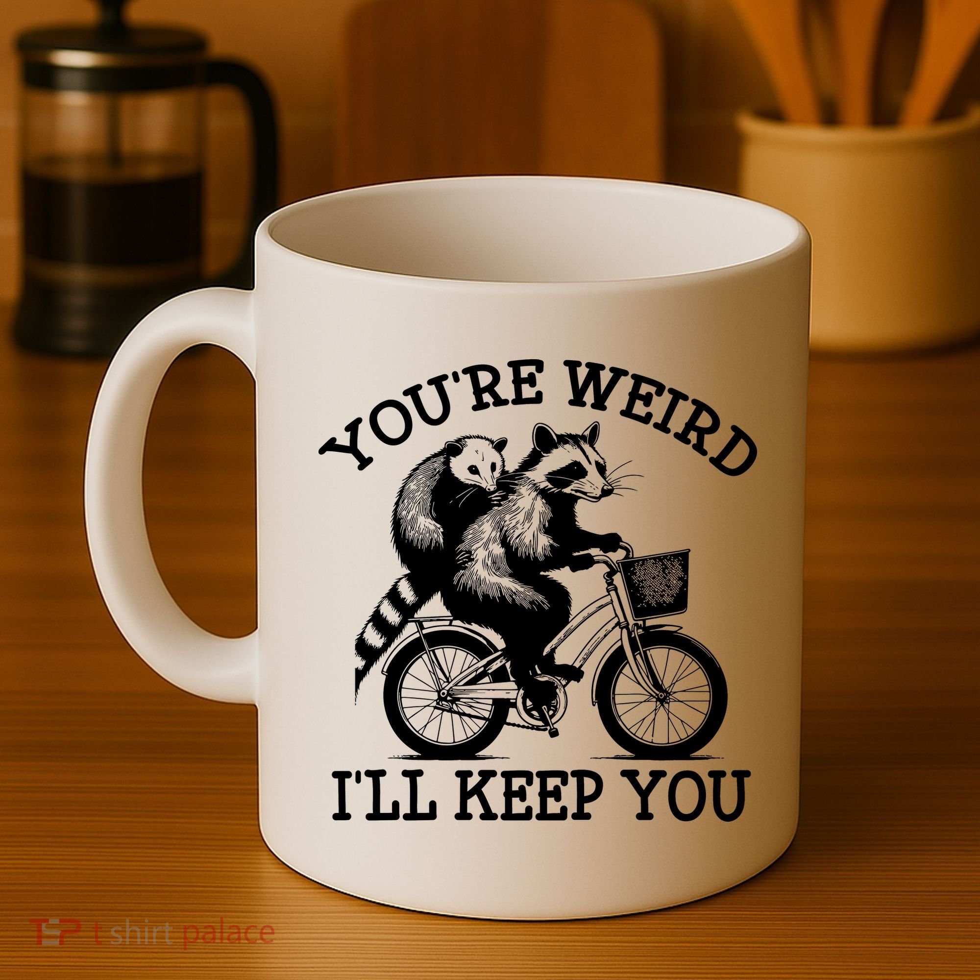 You’re Weird I'll Keep You Funny Meme Racoon Bicycle Retro Coffee Mug