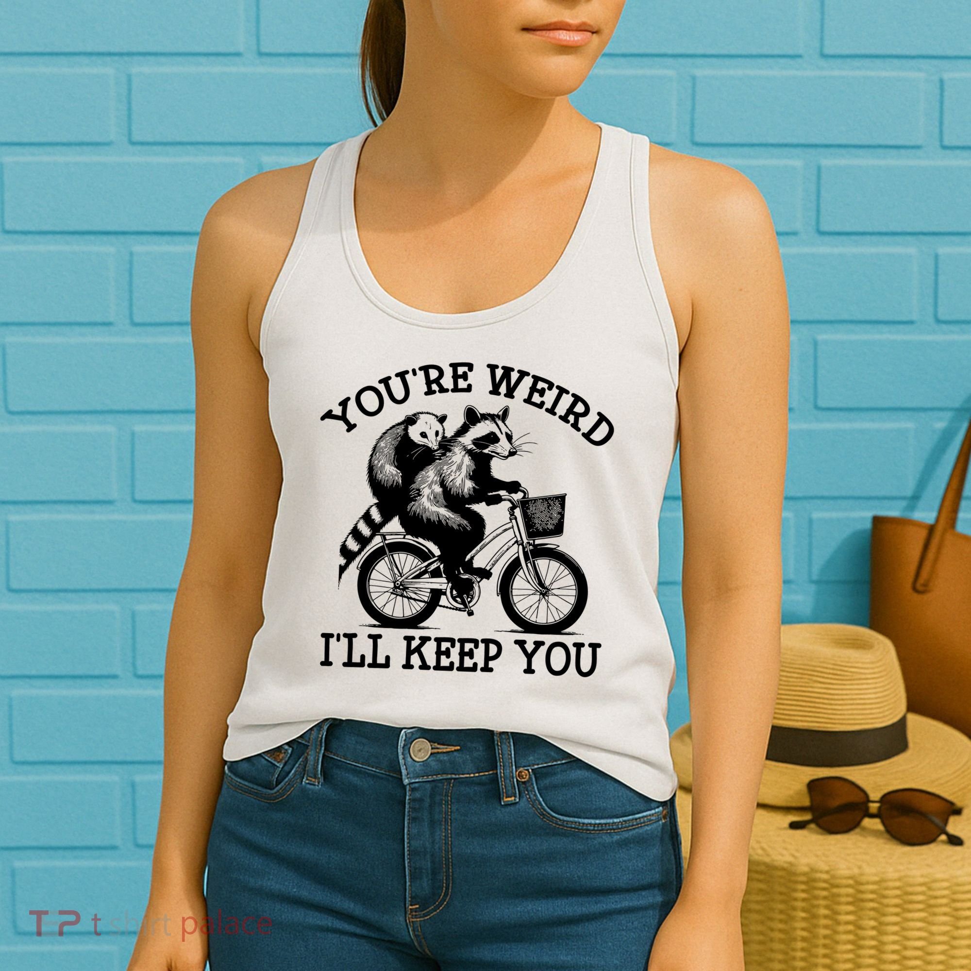 You’re Weird I'll Keep You Funny Meme Racoon Bicycle Retro Women's Tank Top