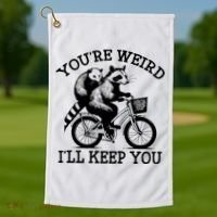 You’re Weird I'll Keep You Funny Meme Racoon Bicycle Retro Golf Towel thumb 1