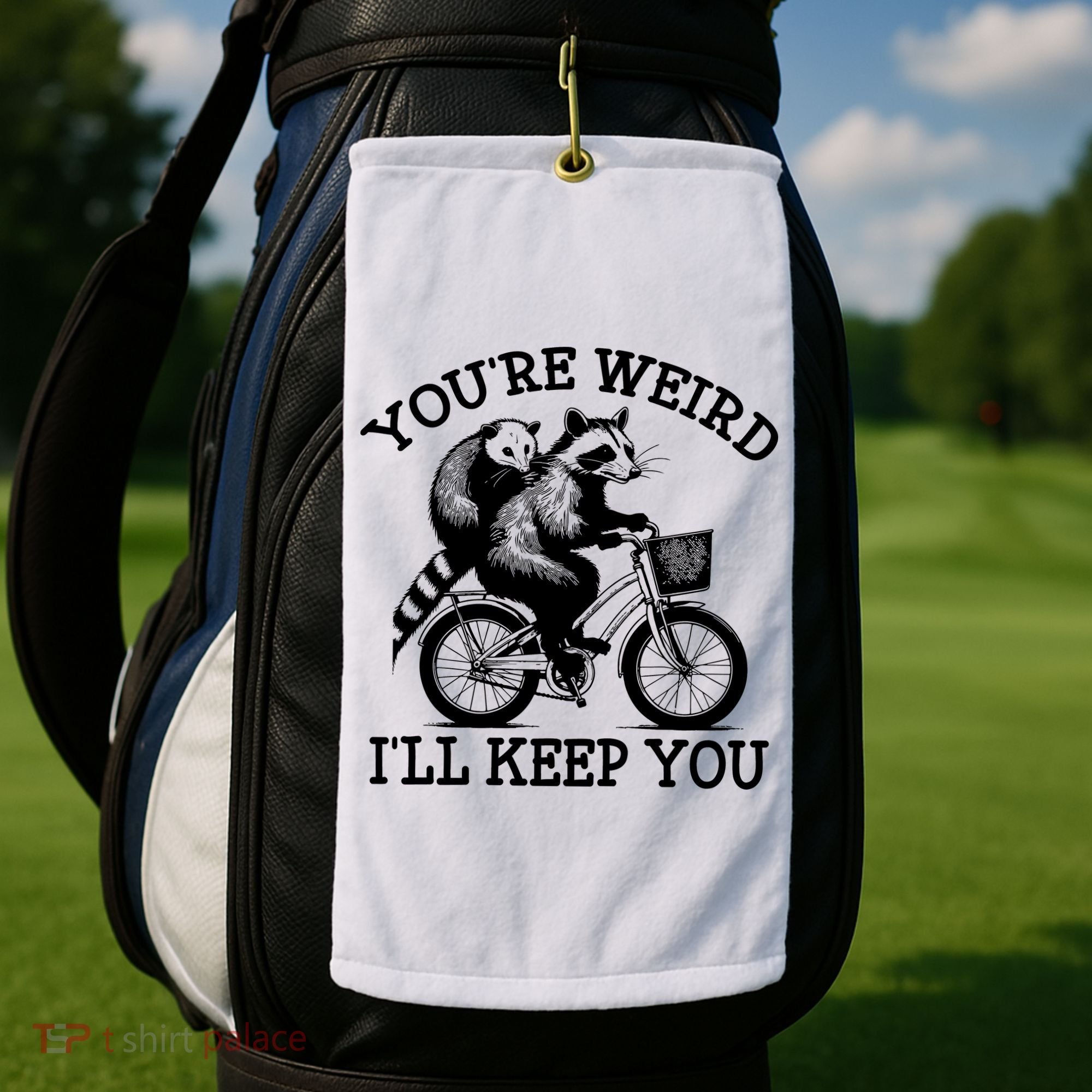 You’re Weird I'll Keep You Funny Meme Racoon Bicycle Retro Golf Towel