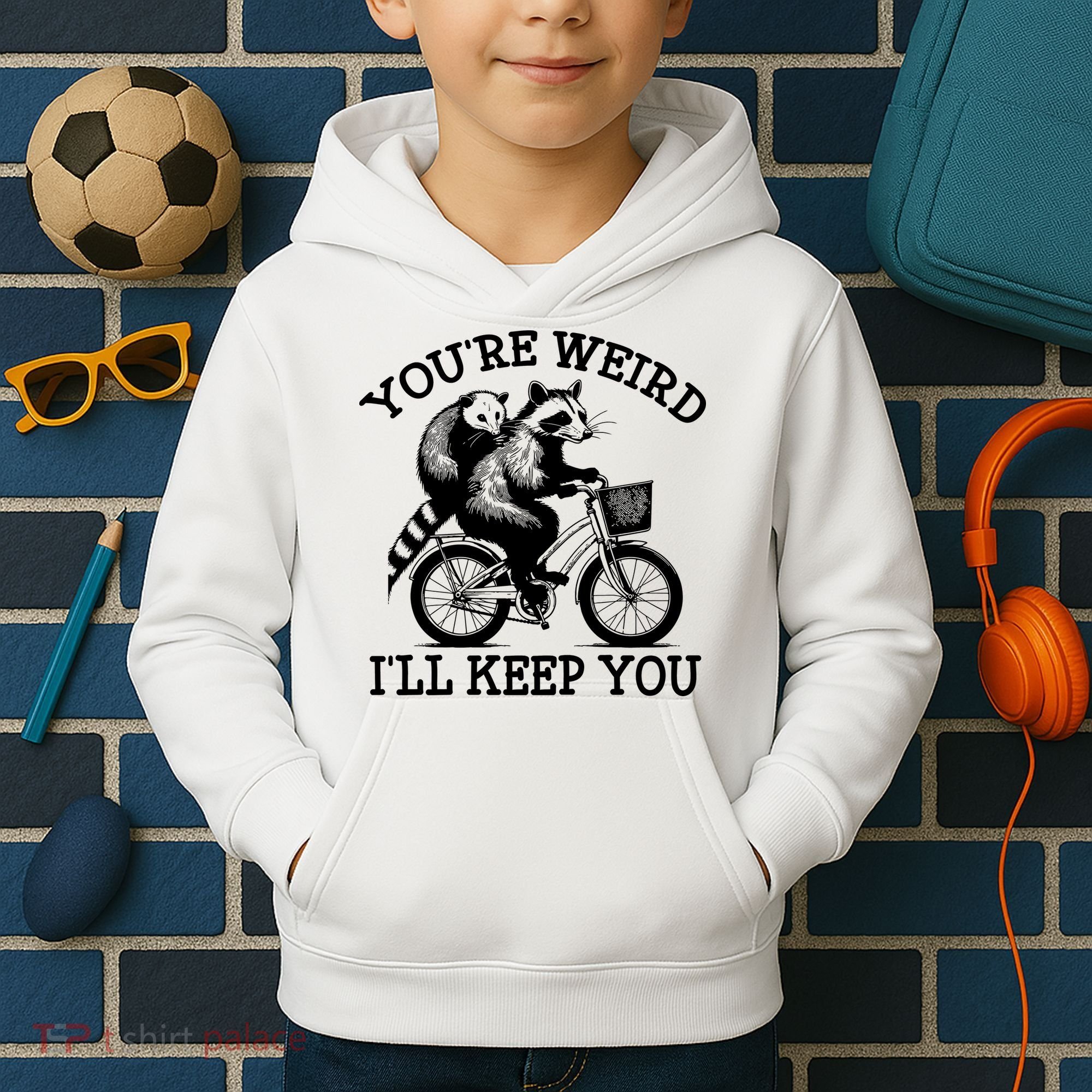 You’re Weird I'll Keep You Funny Meme Racoon Bicycle Retro Kids Hoodie
