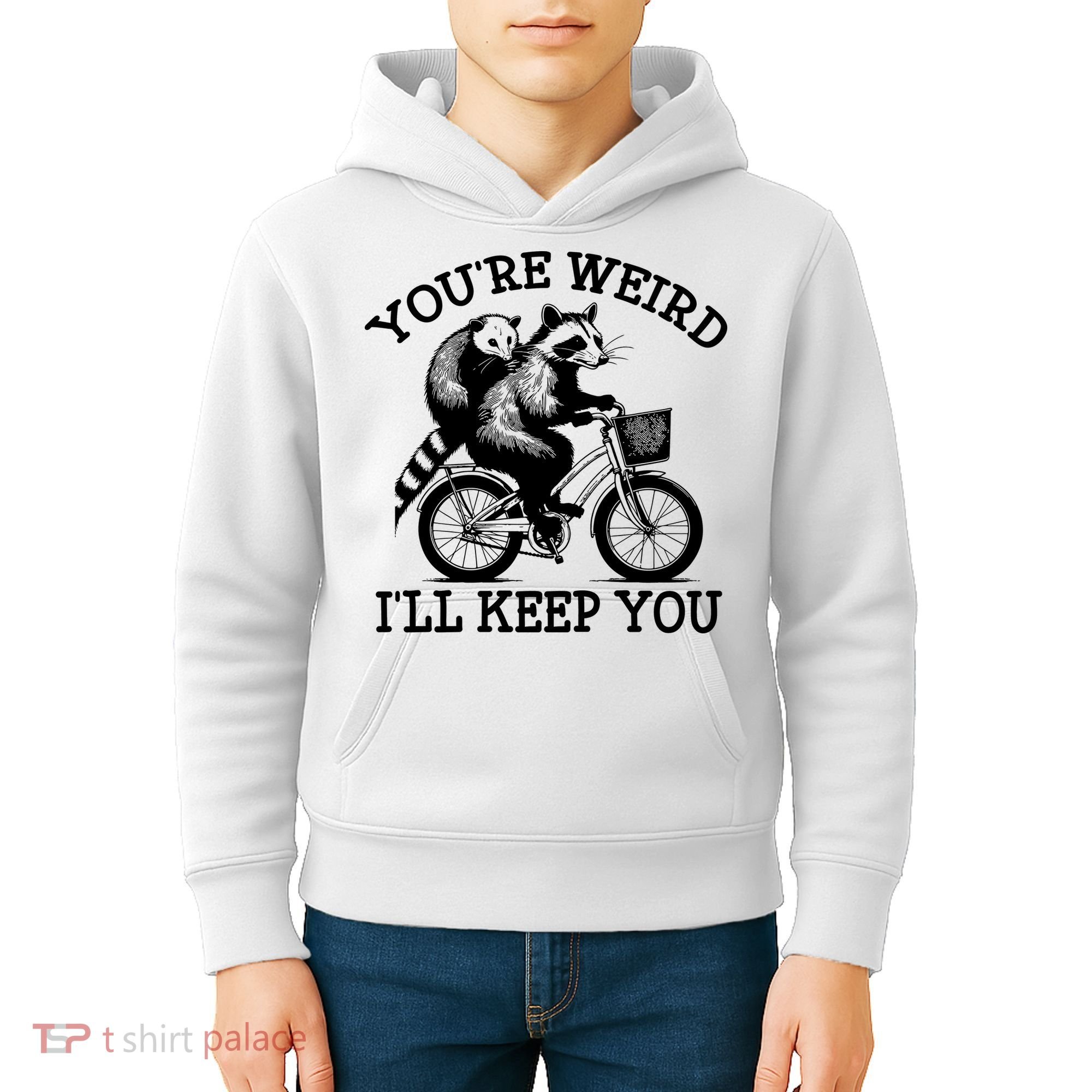 You’re Weird I'll Keep You Funny Meme Racoon Bicycle Retro Kids Hoodie