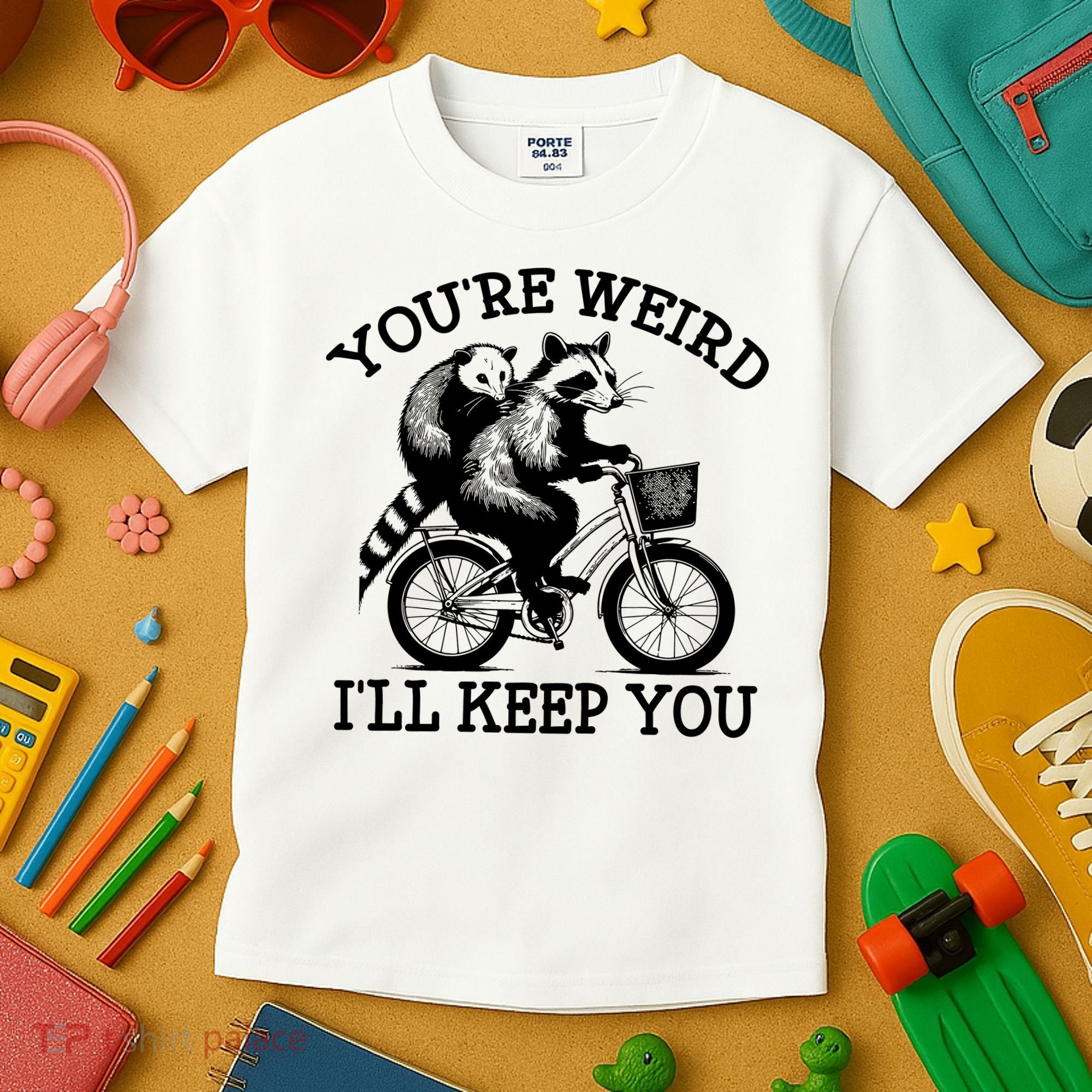 You’re Weird I'll Keep You Funny Meme Racoon Bicycle Retro Kids T-Shirt