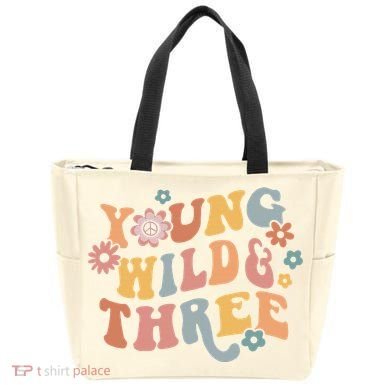 Young Wild & Three Retro Groovy 3rd Birthday Tote Bag