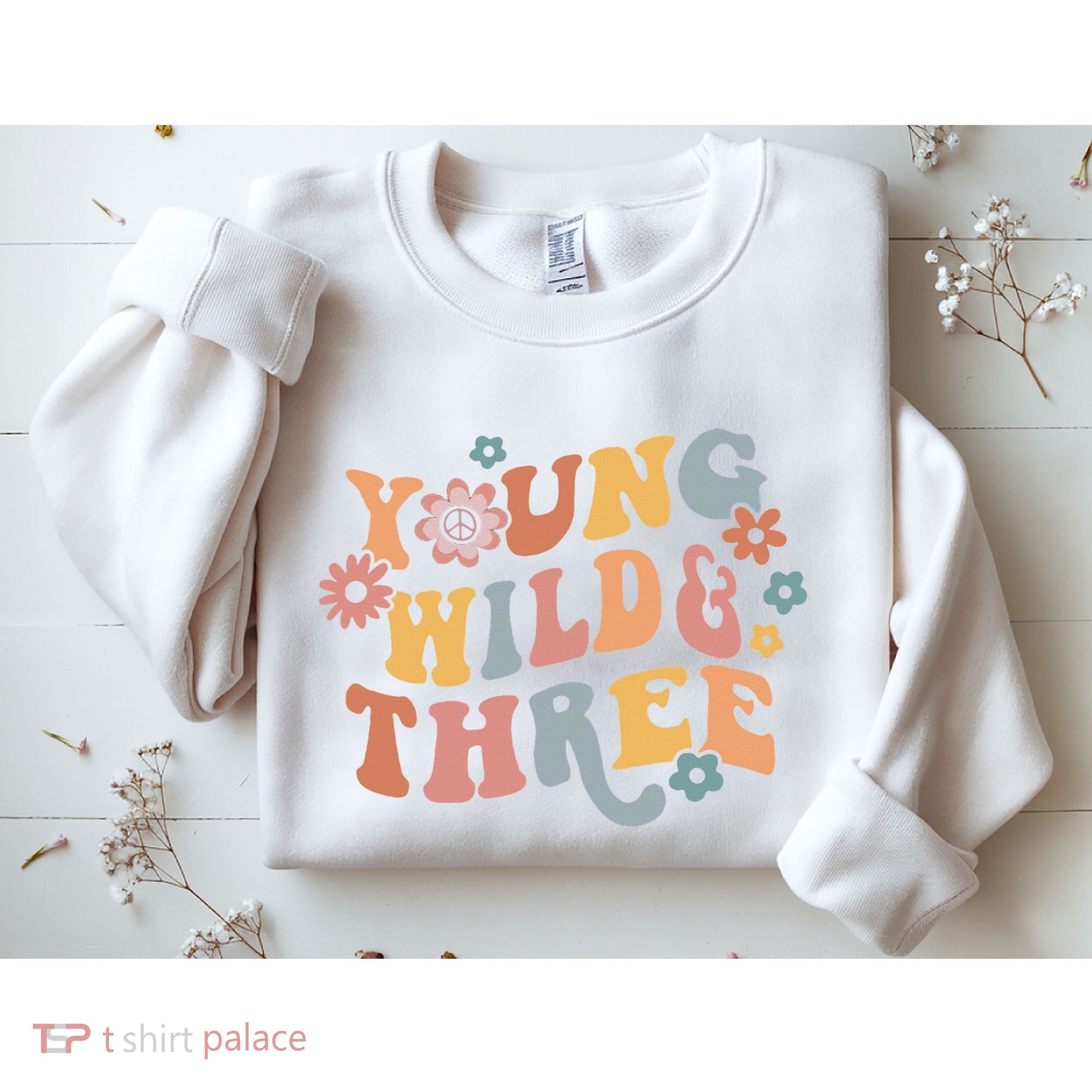 Young Wild & Three Retro Groovy 3rd Birthday Sweatshirt